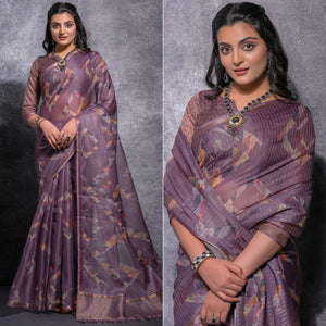 Purple Digital Printed Linen Saree With Woven Border
