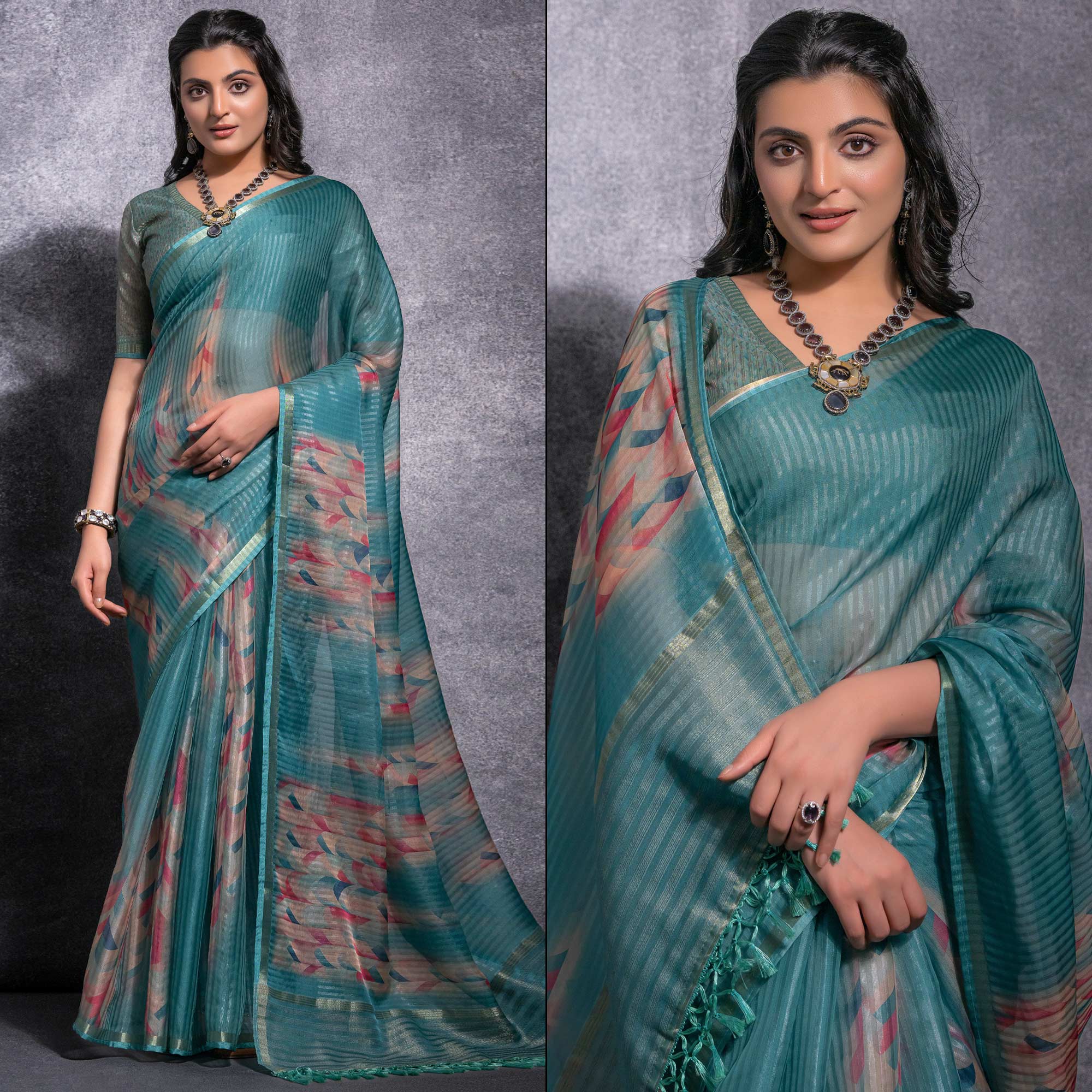 Rama Green Digital Printed Linen Saree With Woven Border