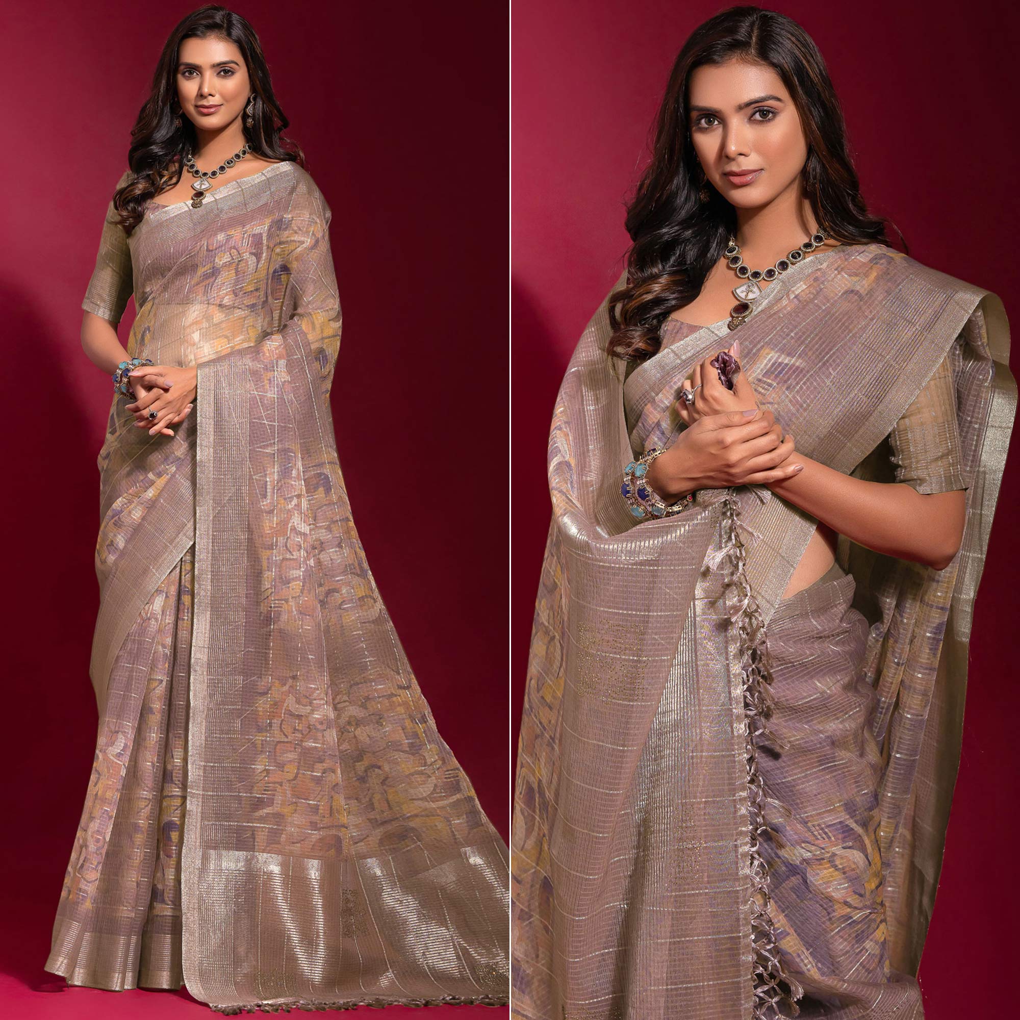 Mauve Digital Printed With Zari Work Linen Saree