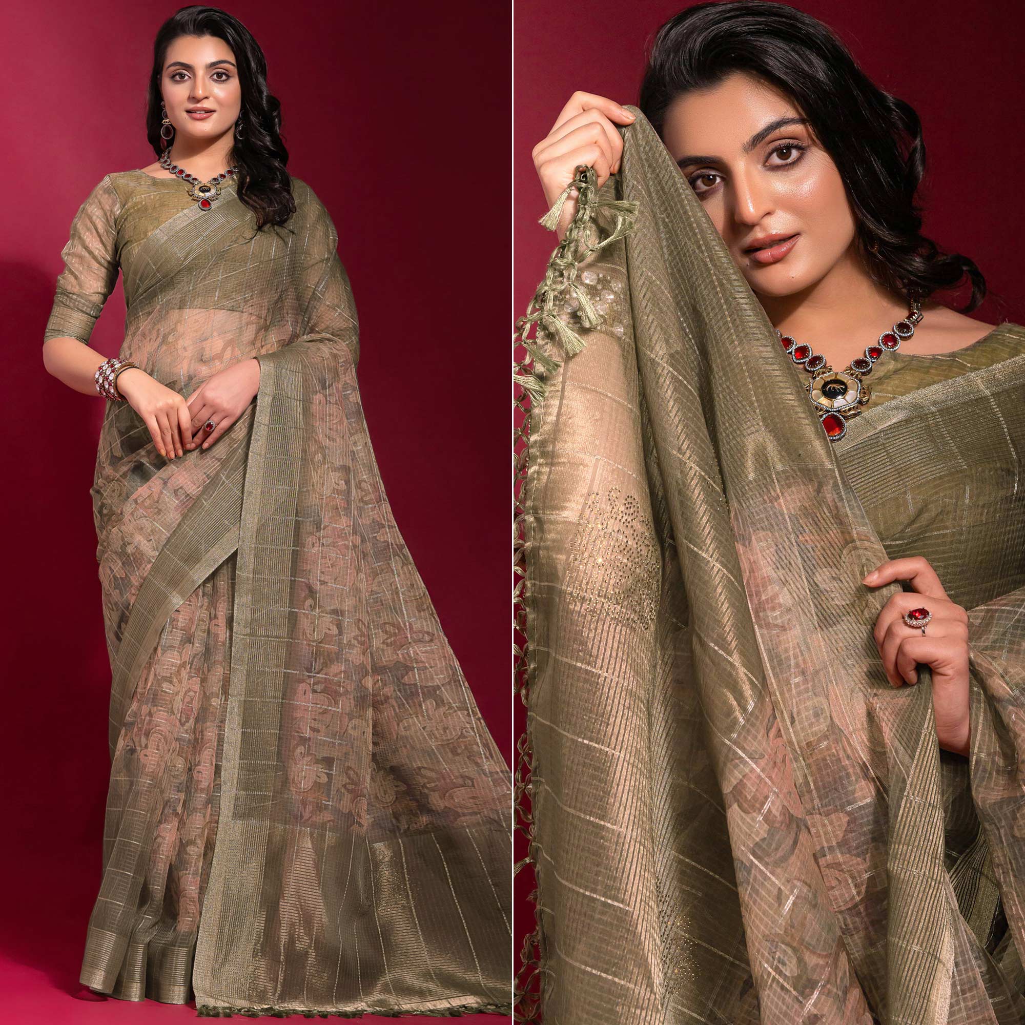 Olive Digital Printed With Zari Work Linen Saree