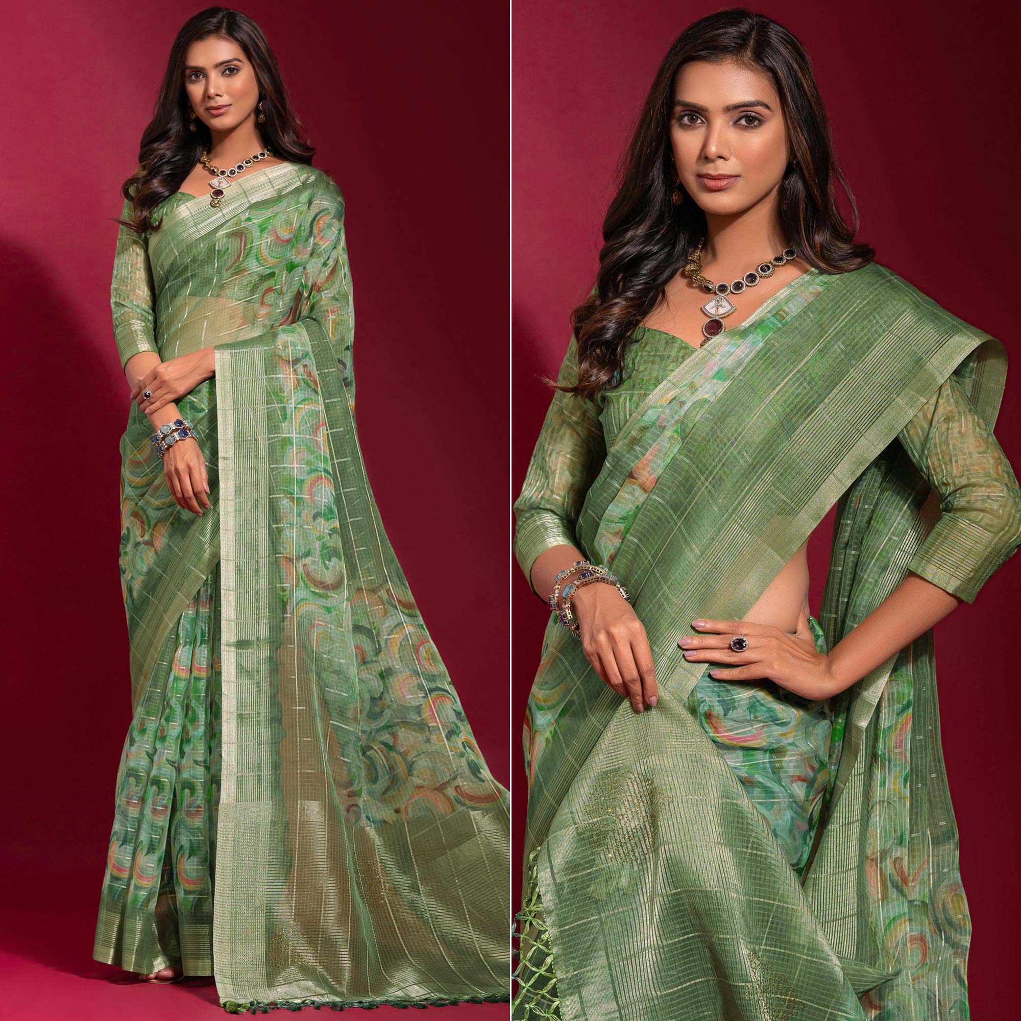 Green Digital Printed With Zari Work Linen Saree