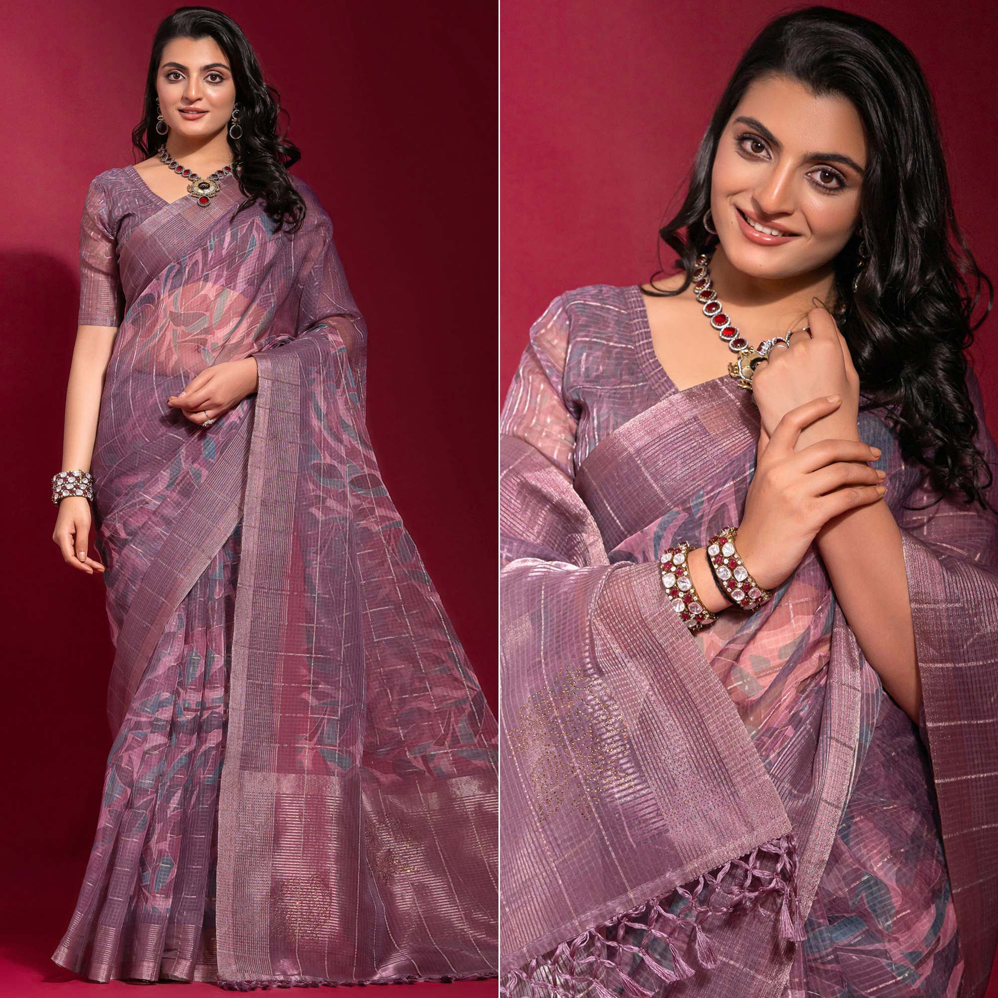 Purple Digital Printed With Zari Work Linen Saree