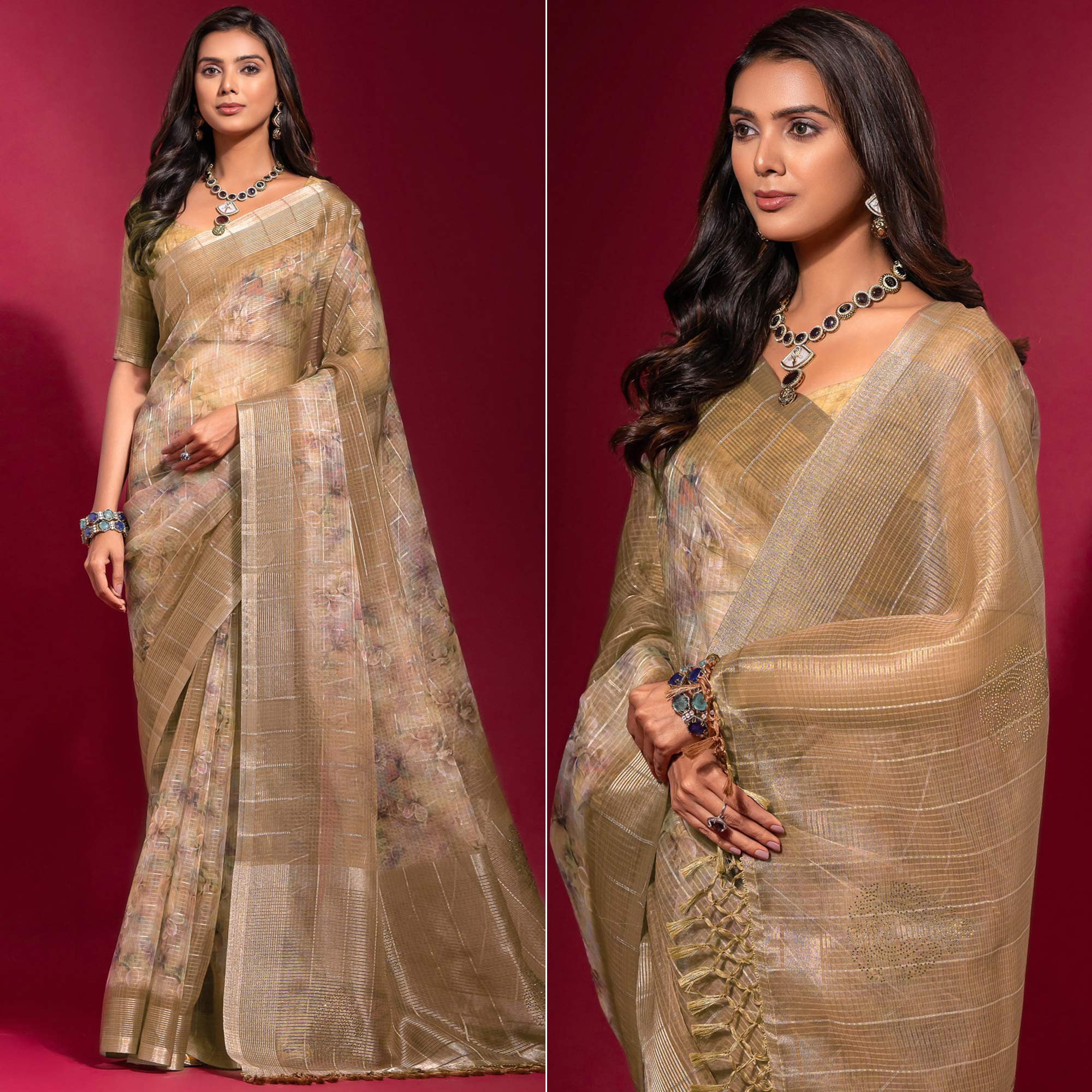 Brown Digital Printed With Zari Work Linen Saree