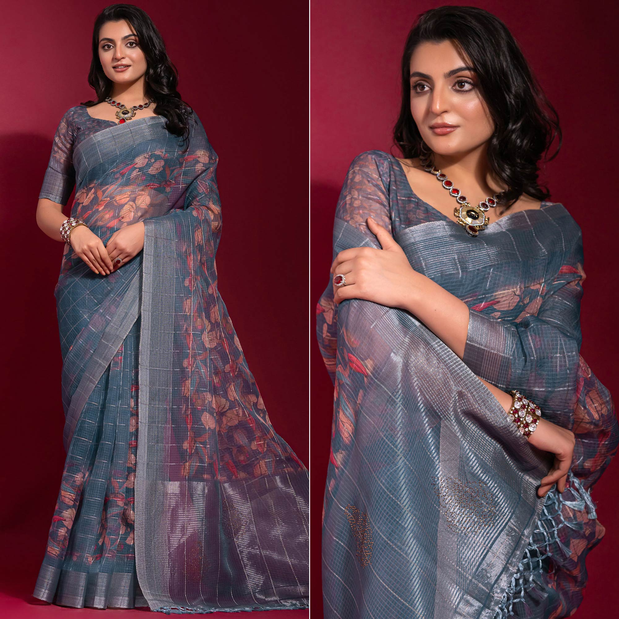 Blue Digital Printed With Zari Work Linen Saree