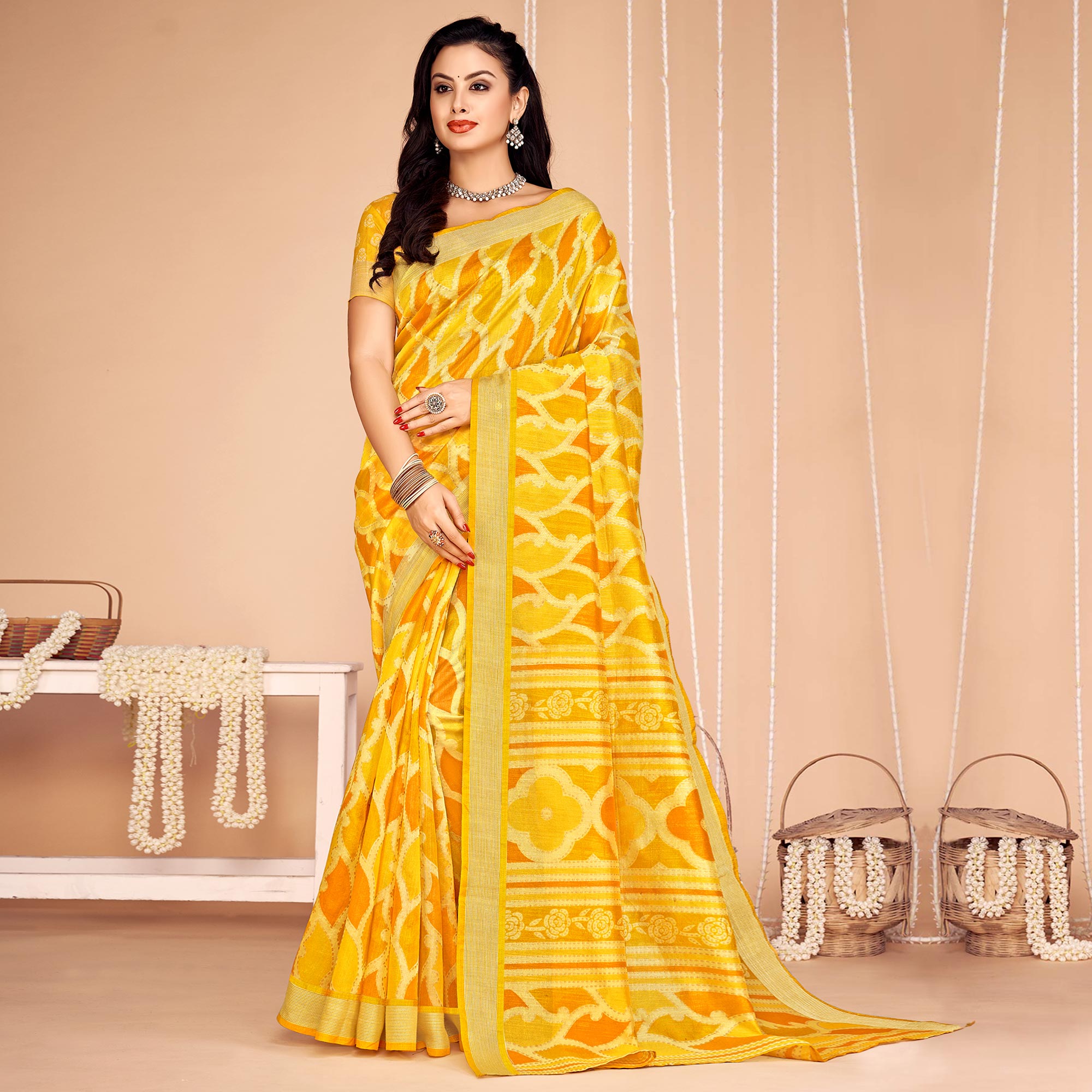 Yellow Printed Tussar Silk Saree