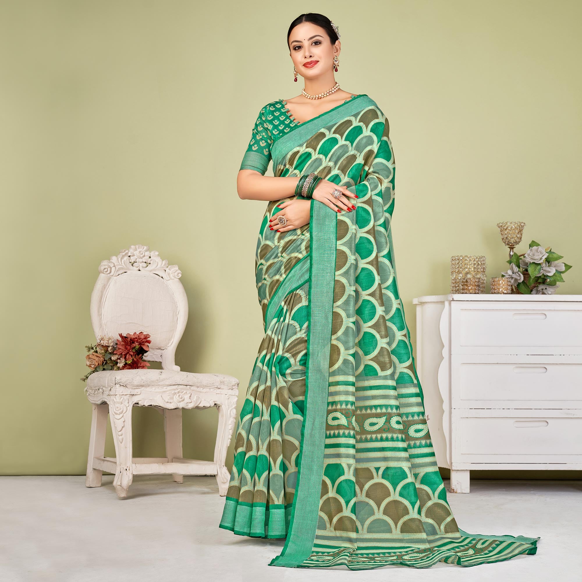 Green Printed Tussar Silk Saree