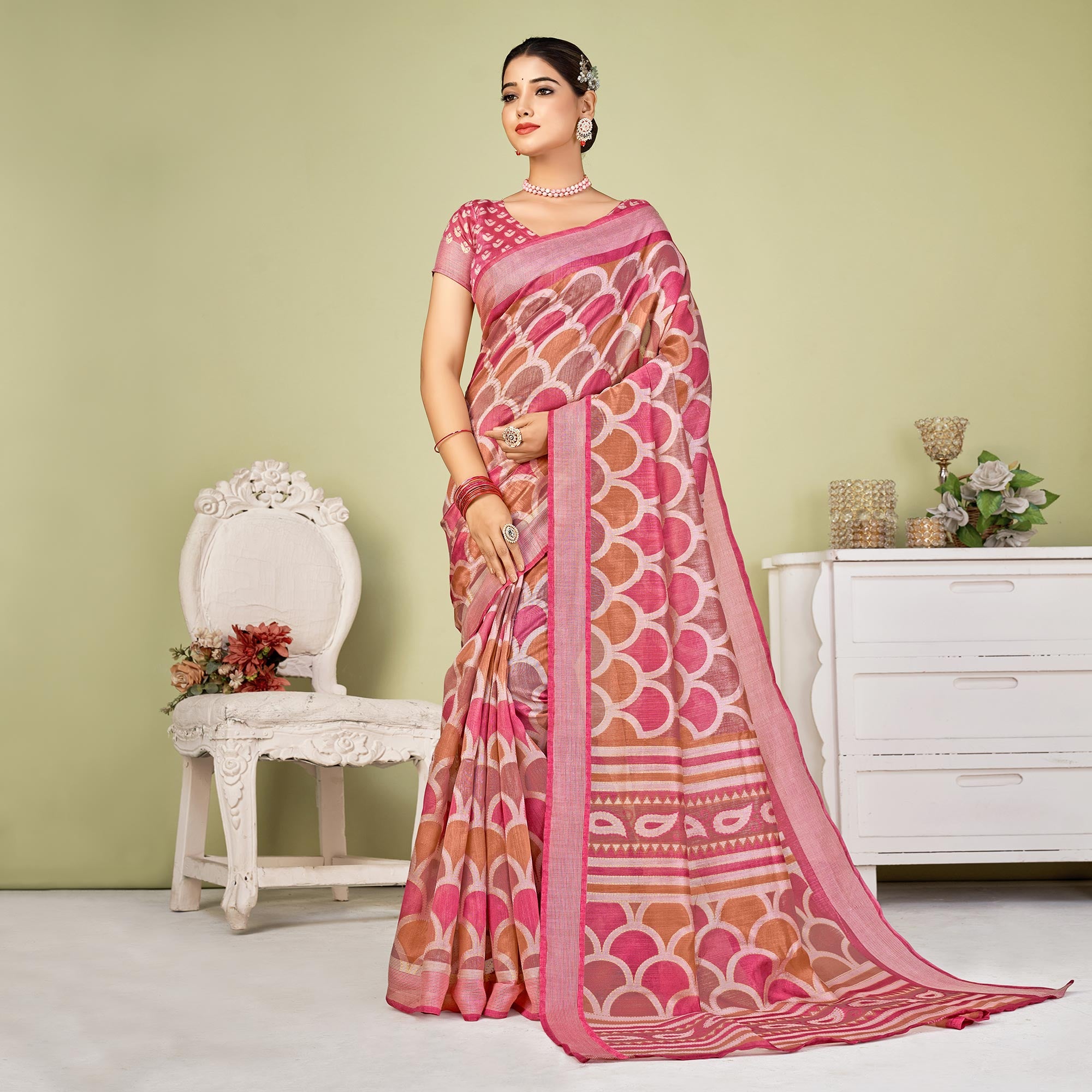 Pink Printed Tussar Silk Saree