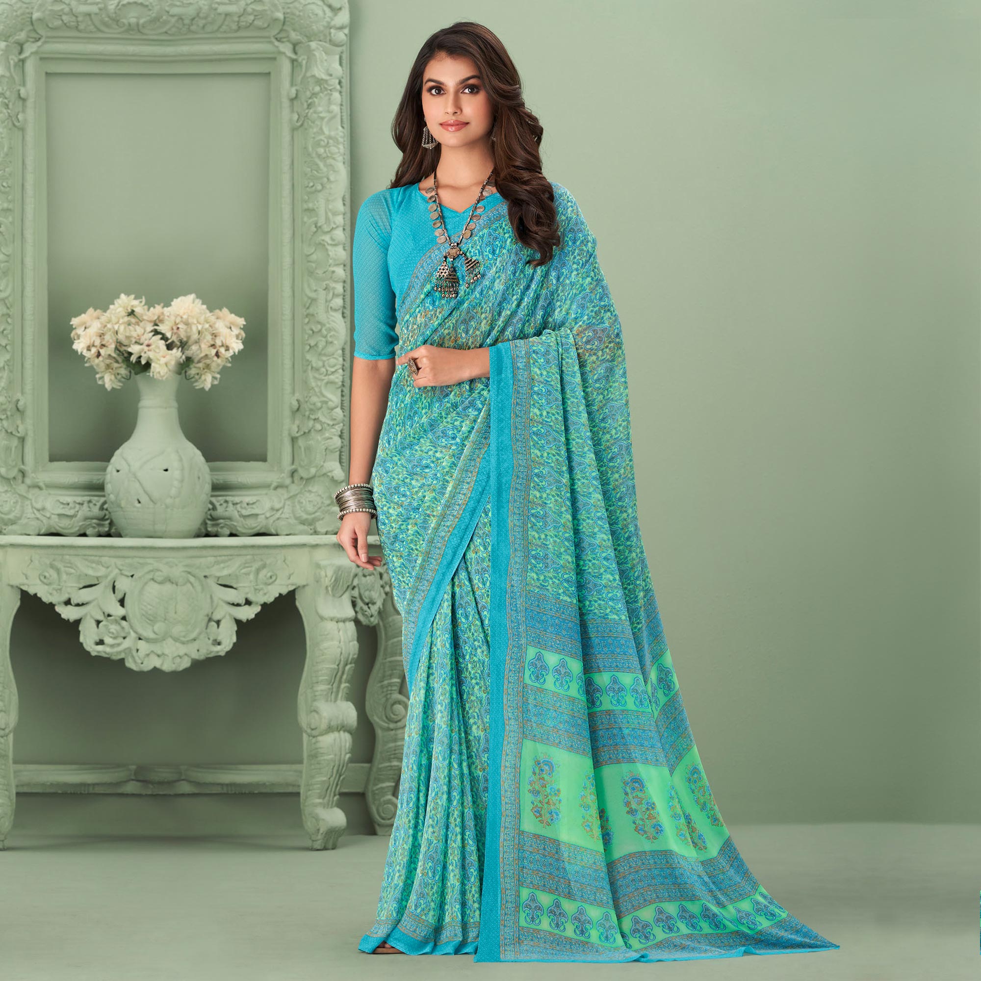 Blue Printed Georgette Saree