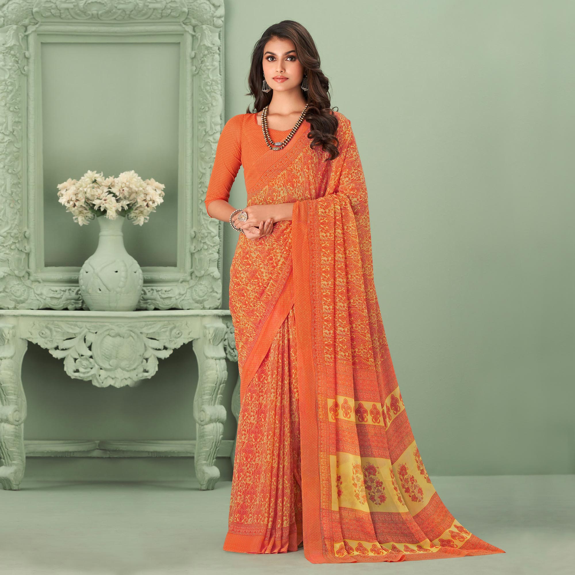 Orange Printed Georgette Saree