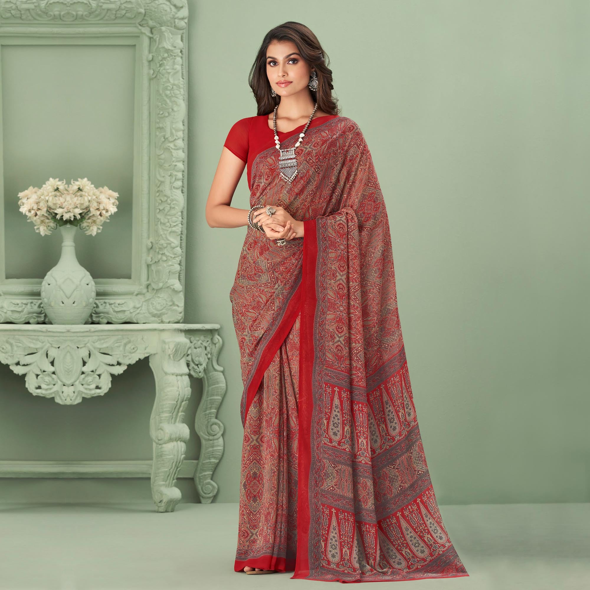 Red Printed Georgette Saree