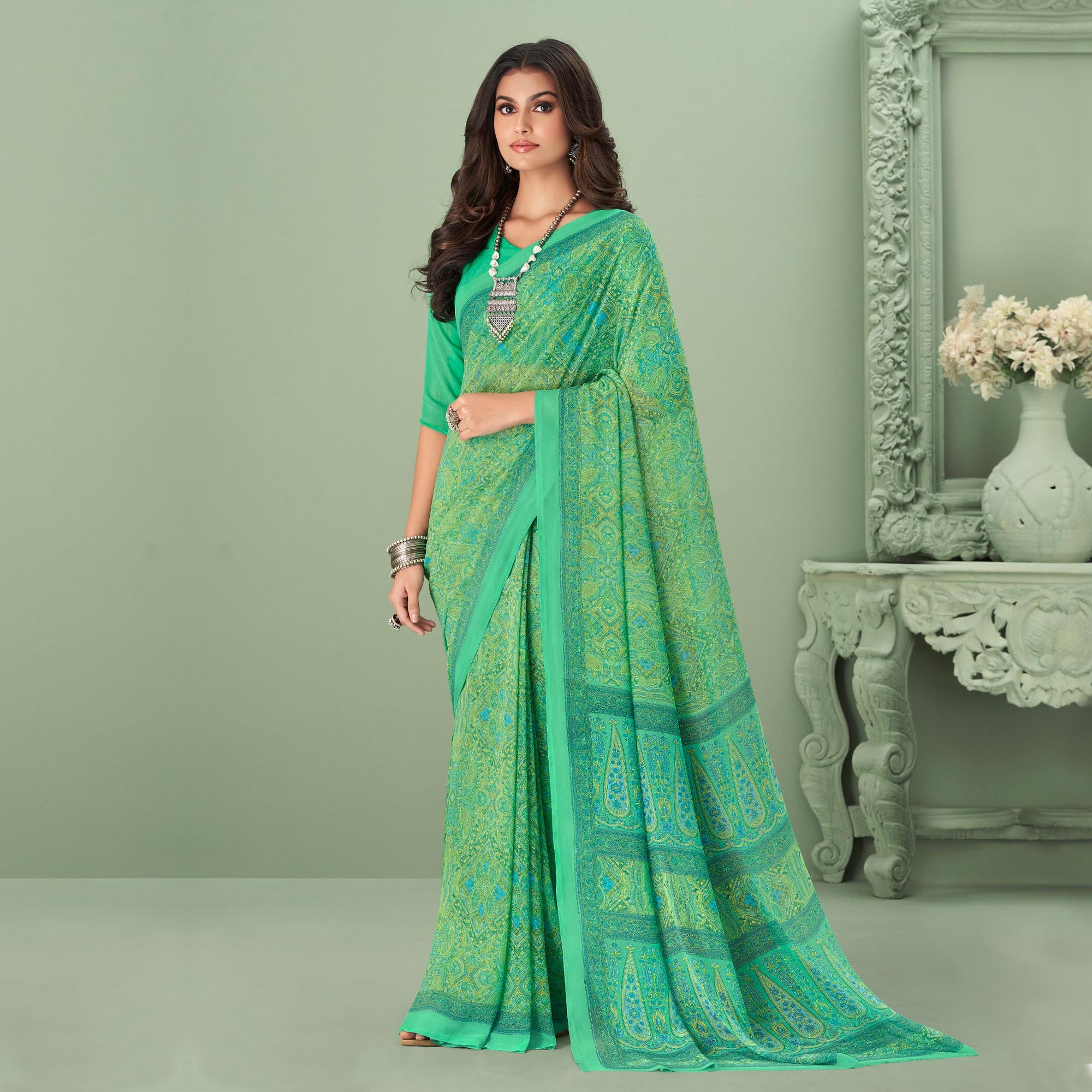 Sea Green Printed Georgette Saree