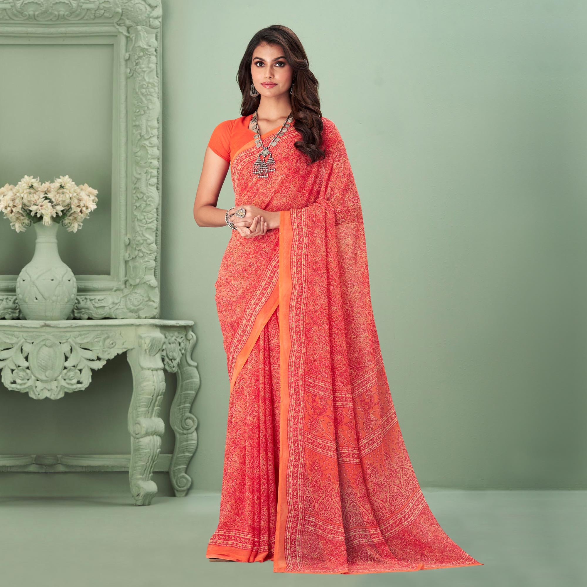 Salmon Pink Printed Georgette Saree