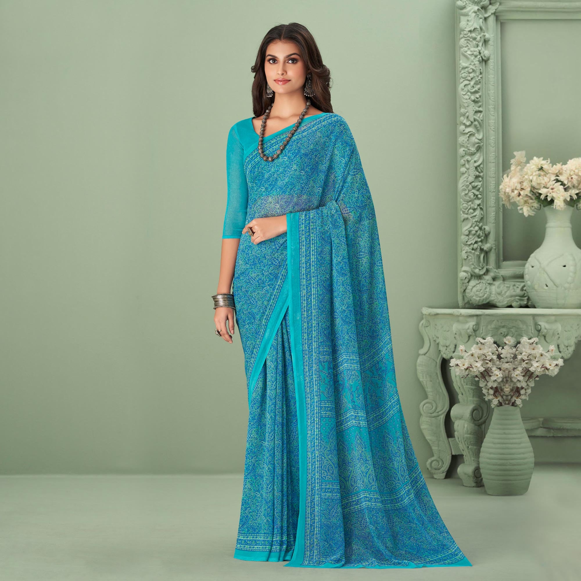 Blue Printed Georgette Saree