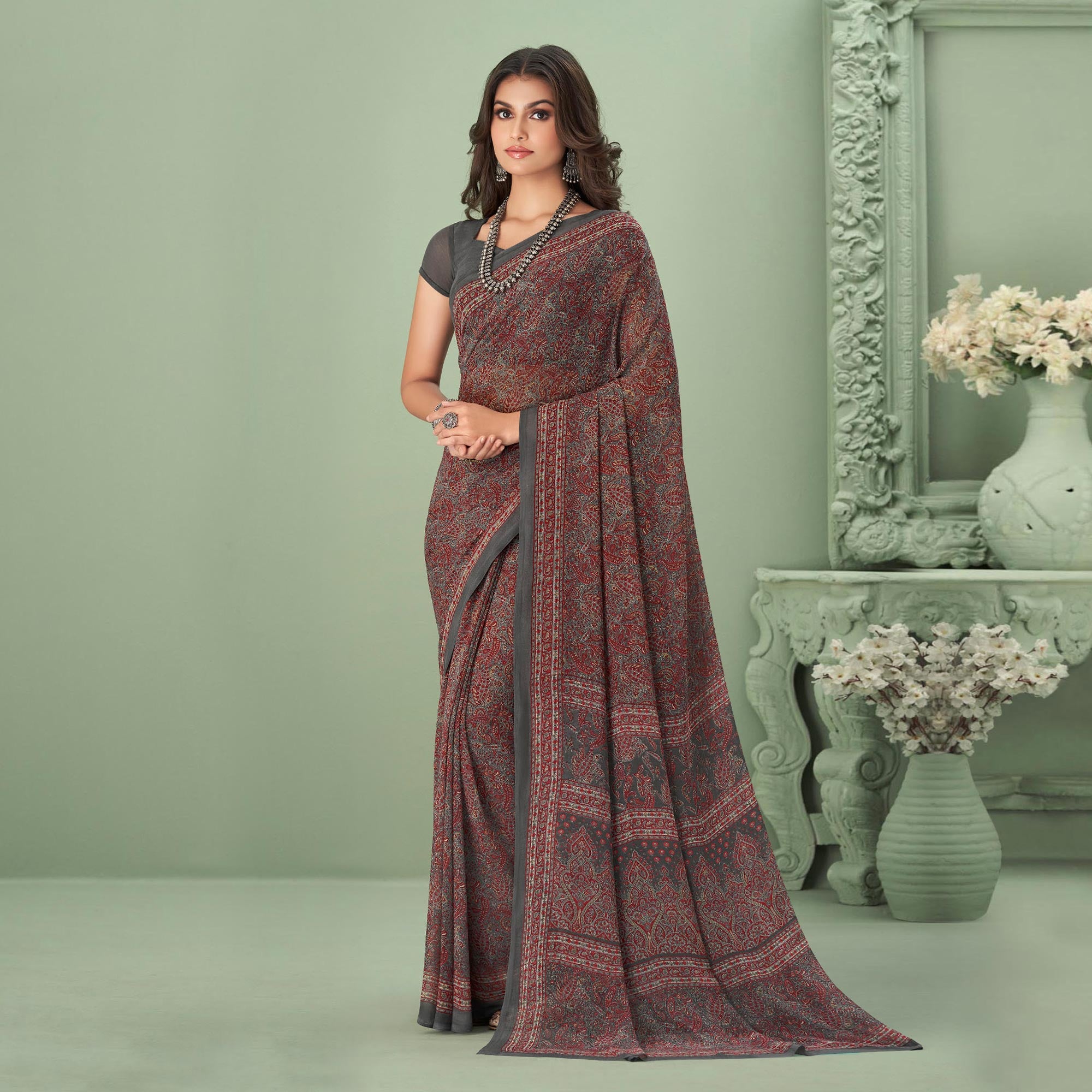 Grey Printed Georgette Saree