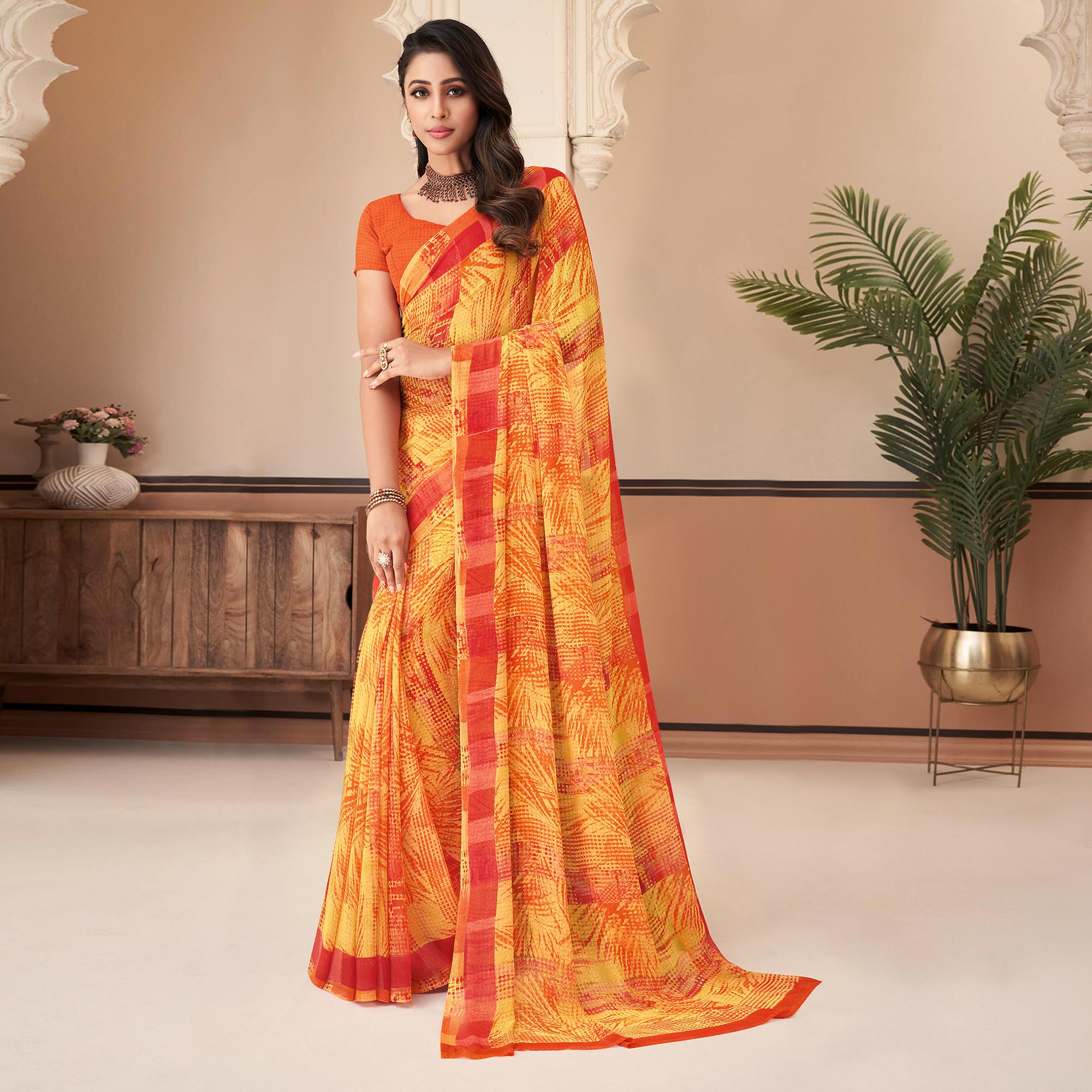 Yellow Printed Georgette Saree