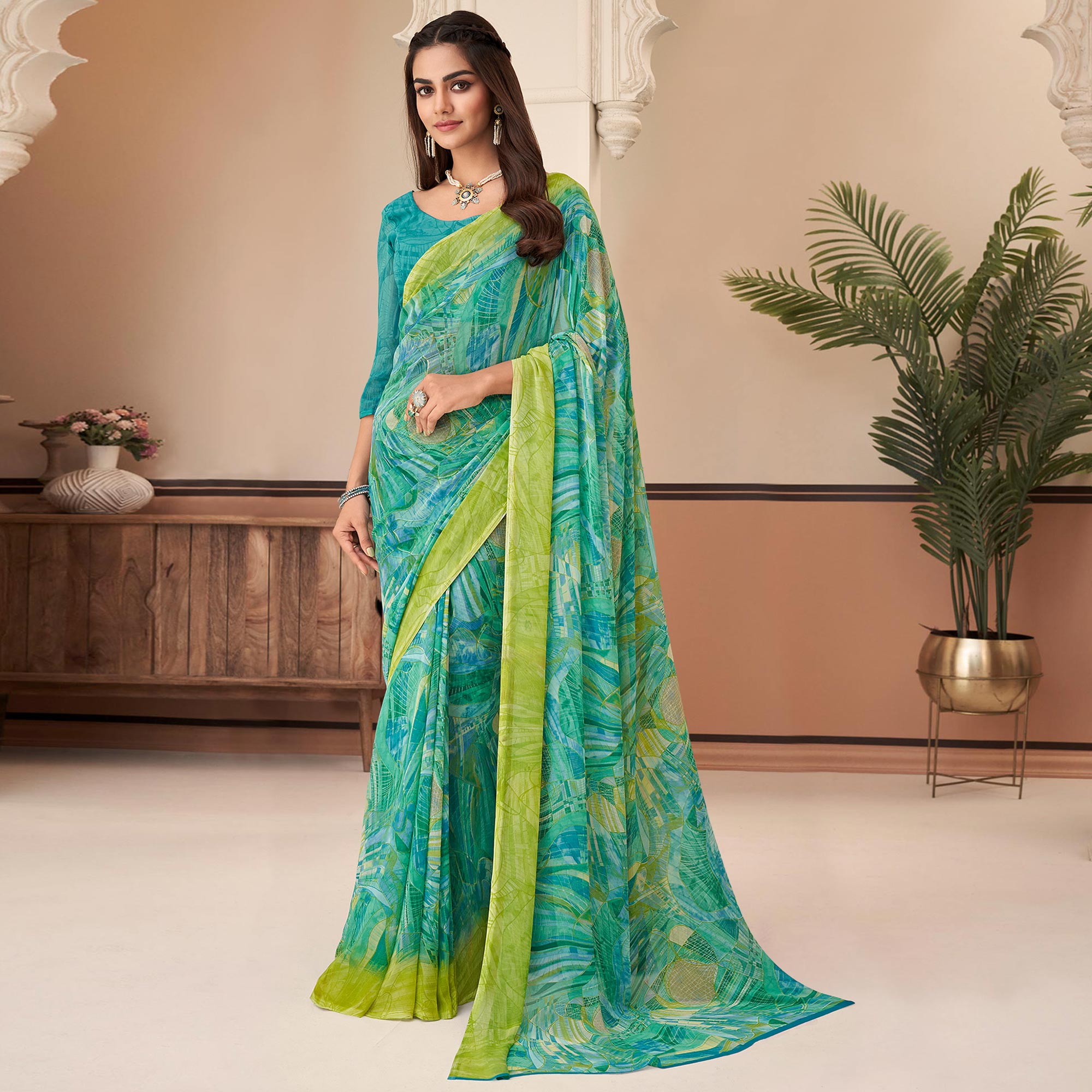 Turquoise Geometric Printed Georgette Saree