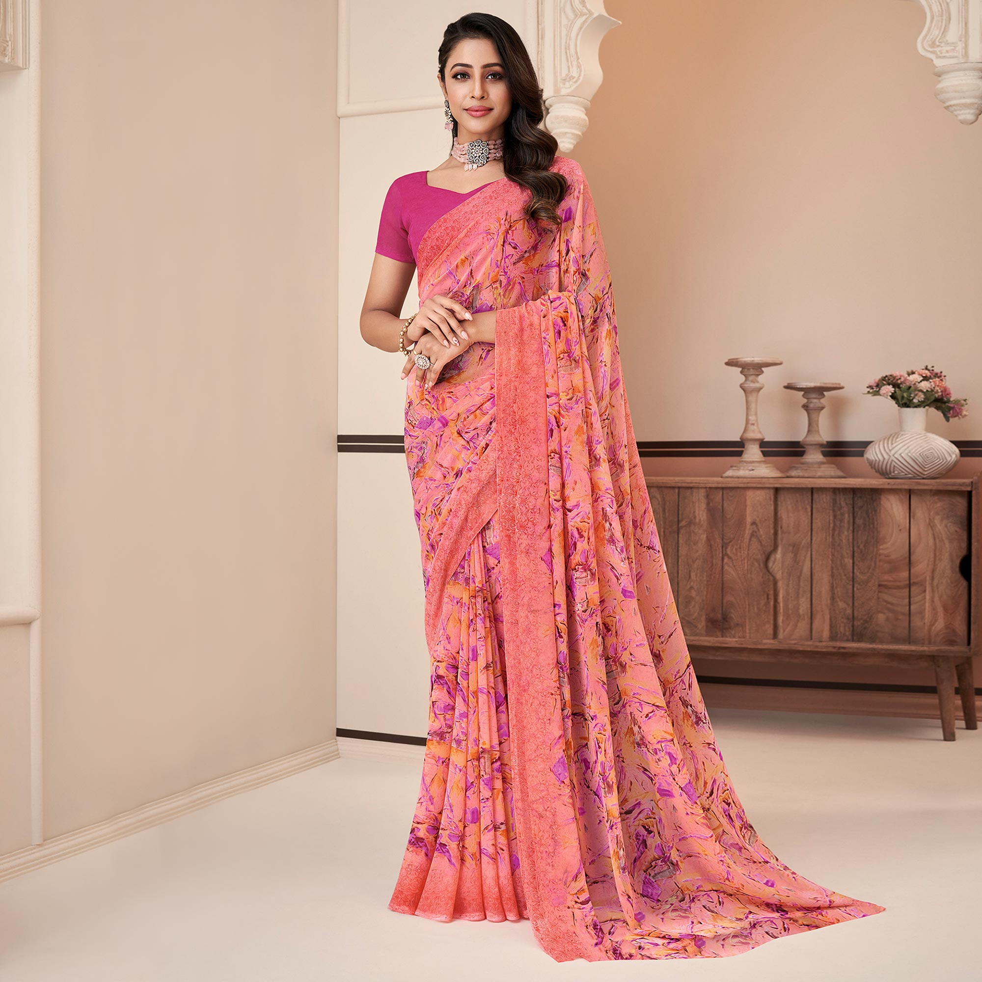 Peach Printed Georgette Saree