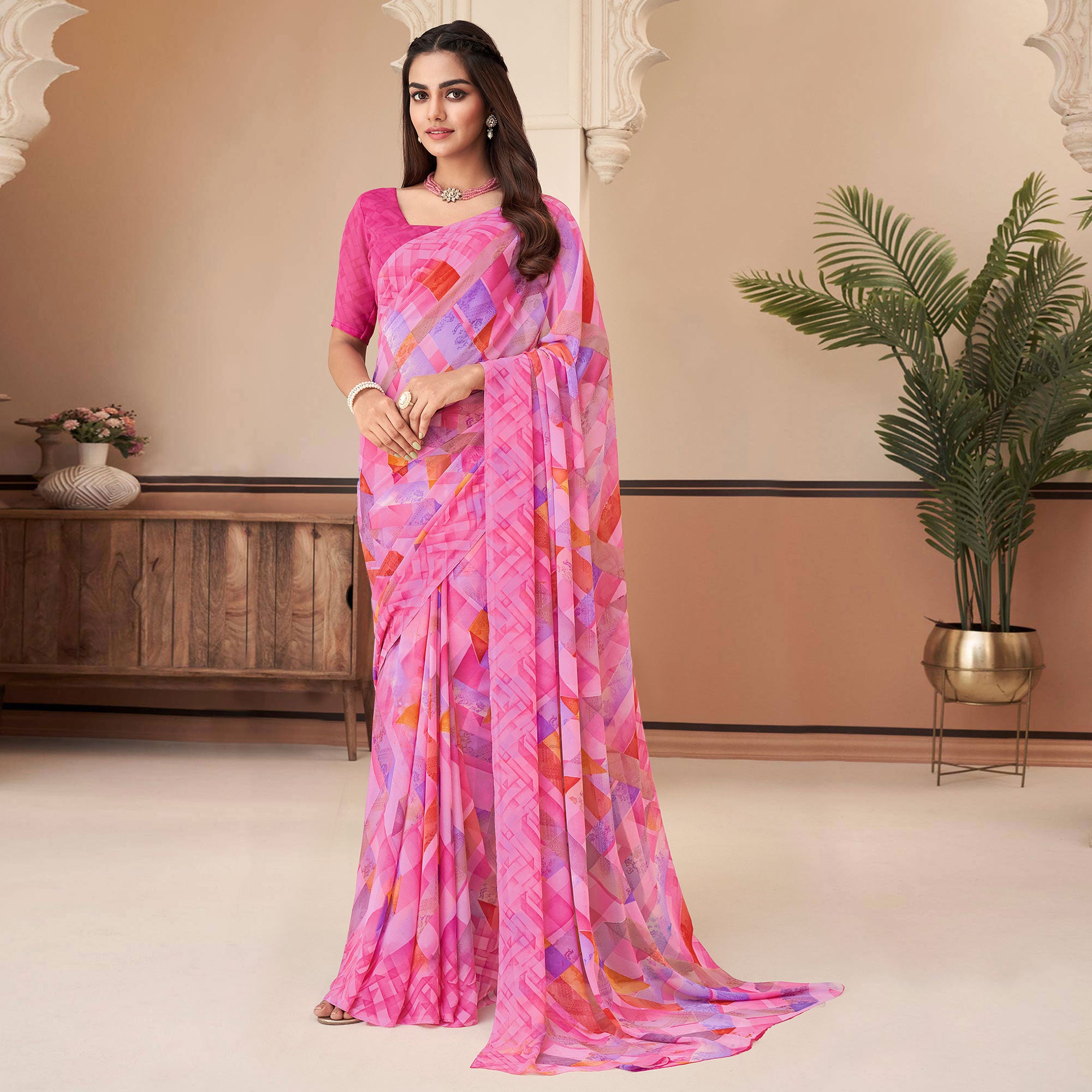 Pink Geometric Printed Georgette Saree
