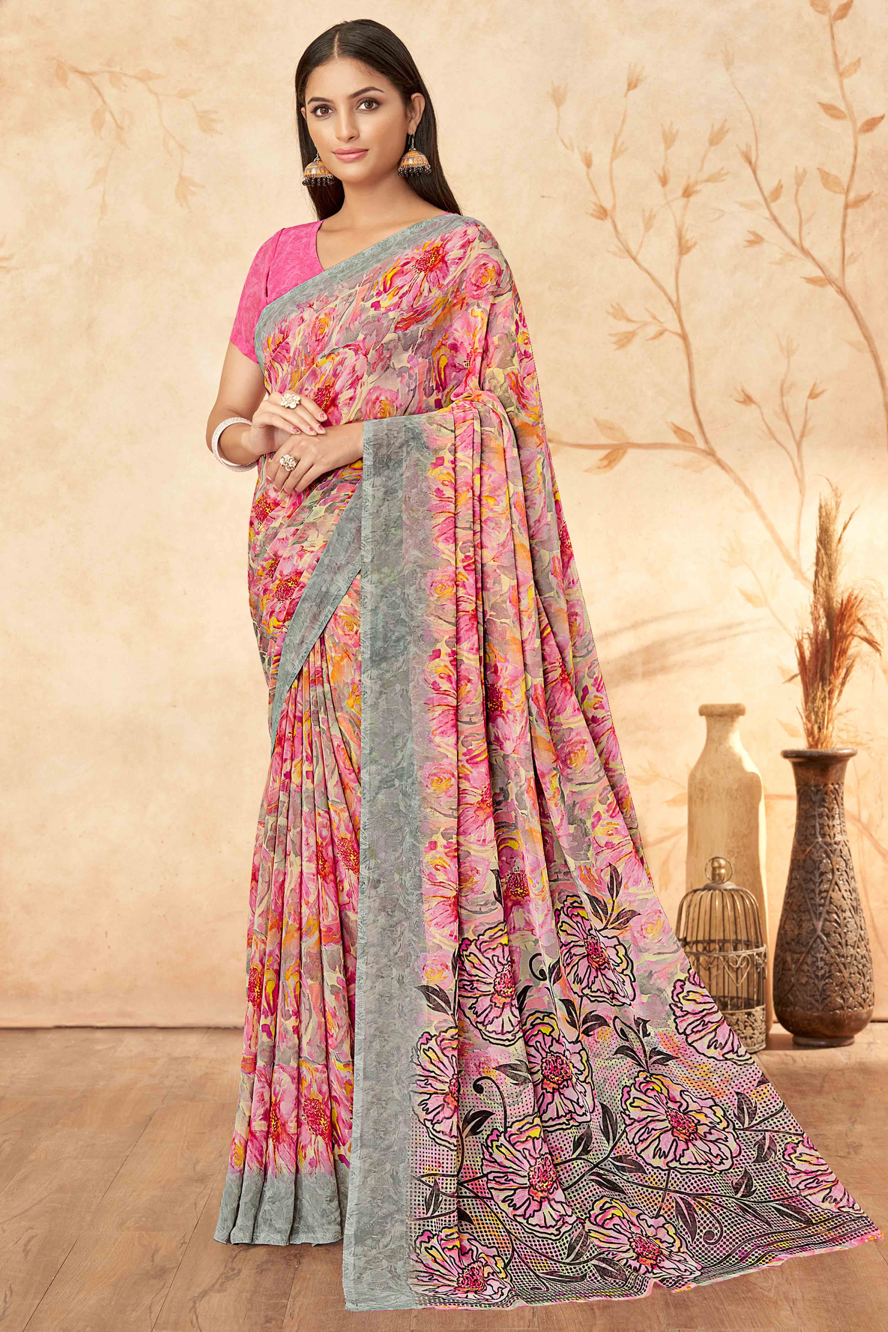Pink Floral Printed Georgette Saree