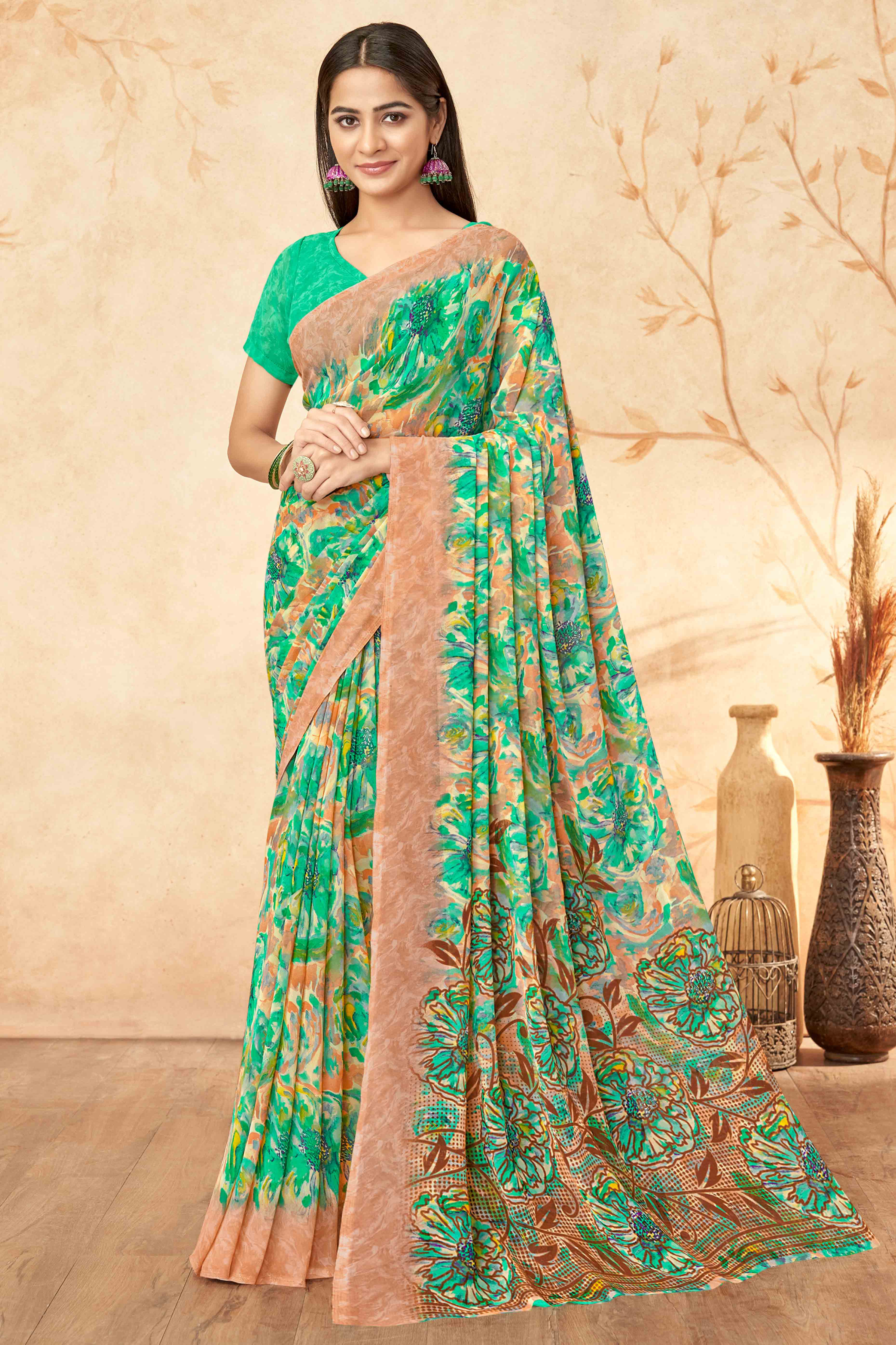 Green Floral Printed Georgette Saree