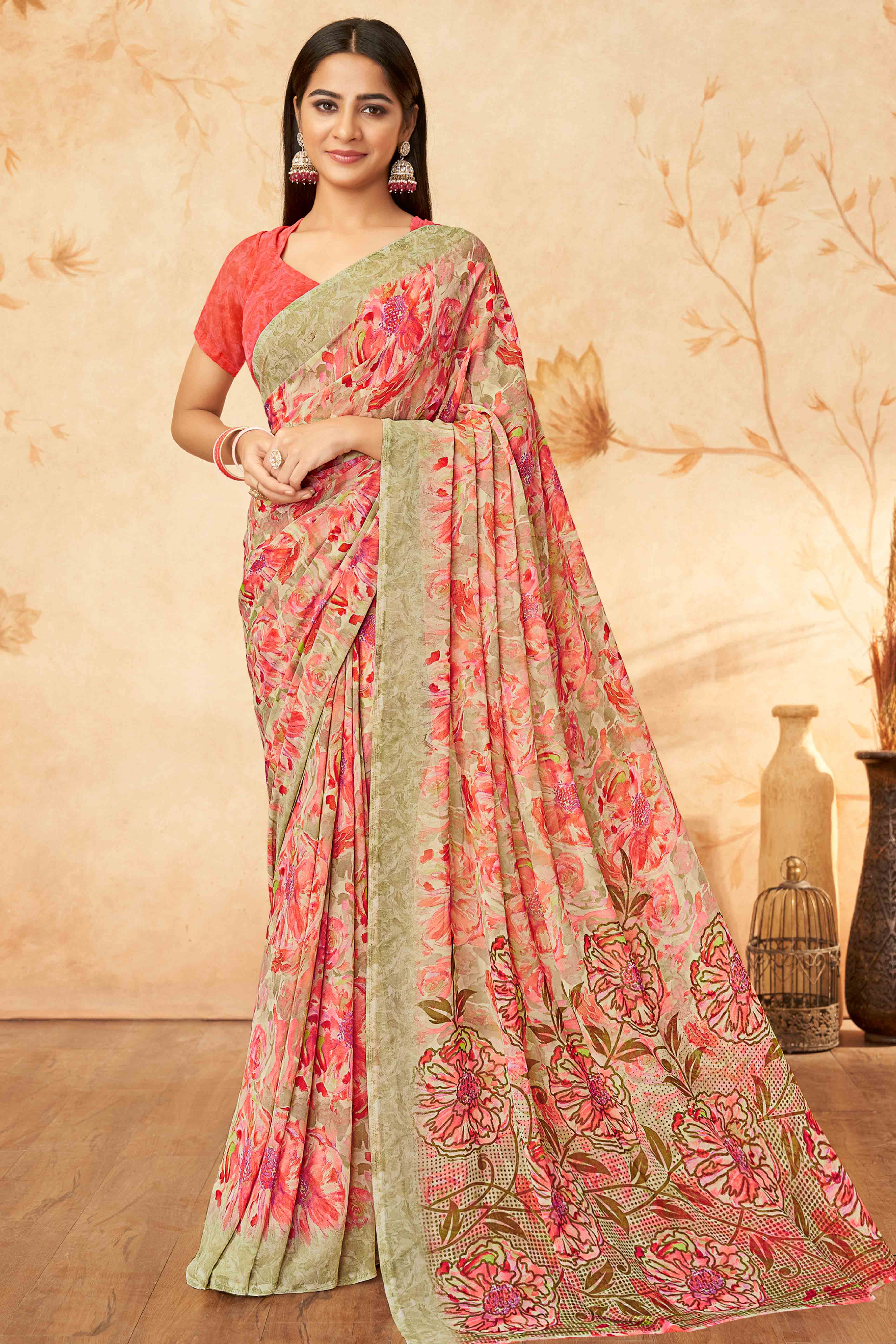 Gajri Pink Floral Printed Georgette Saree
