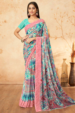 Turquoise Floral Printed Georgette Saree
