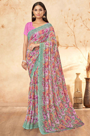 Pink Floral Printed Georgette Saree