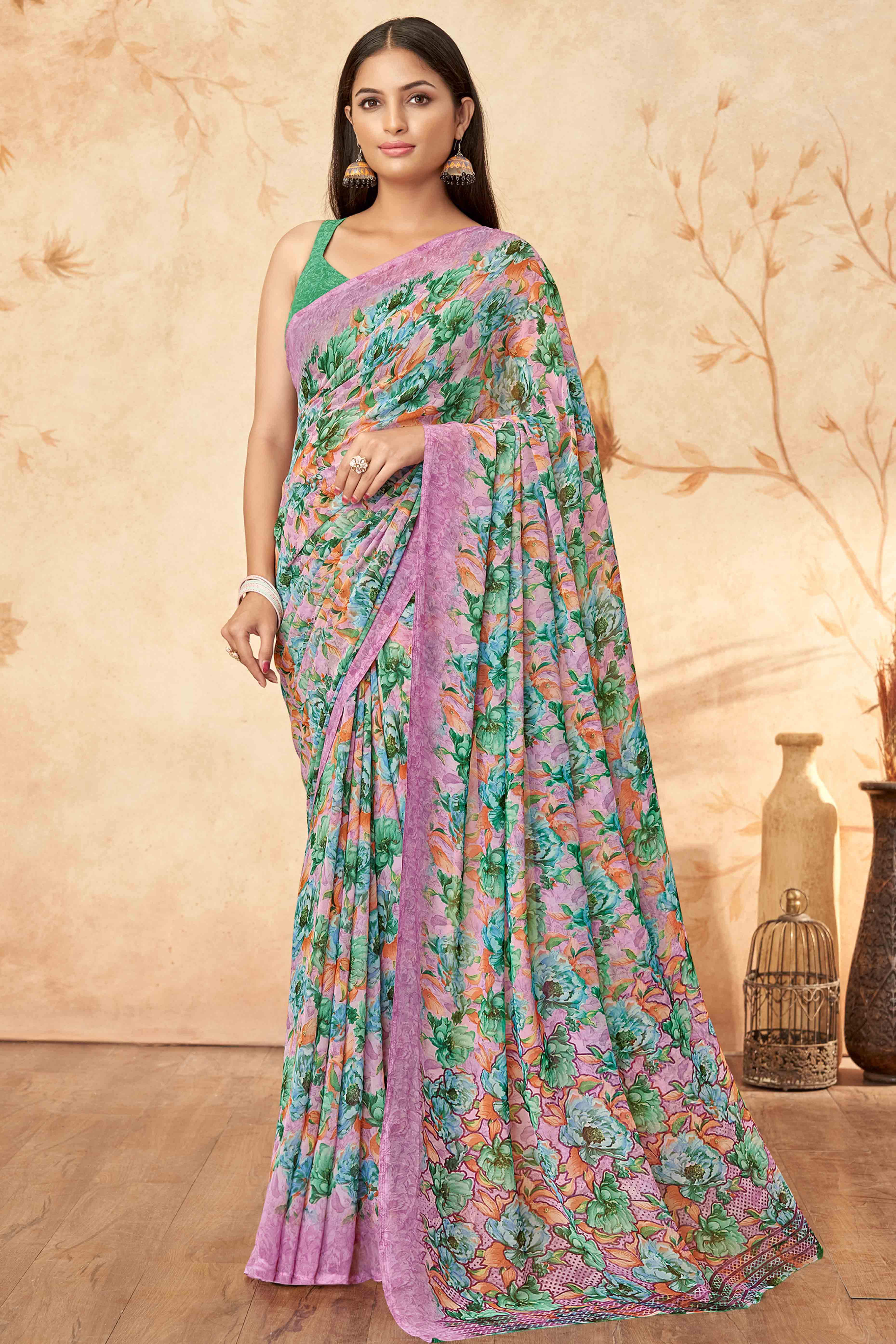 Green Floral Printed Georgette Saree