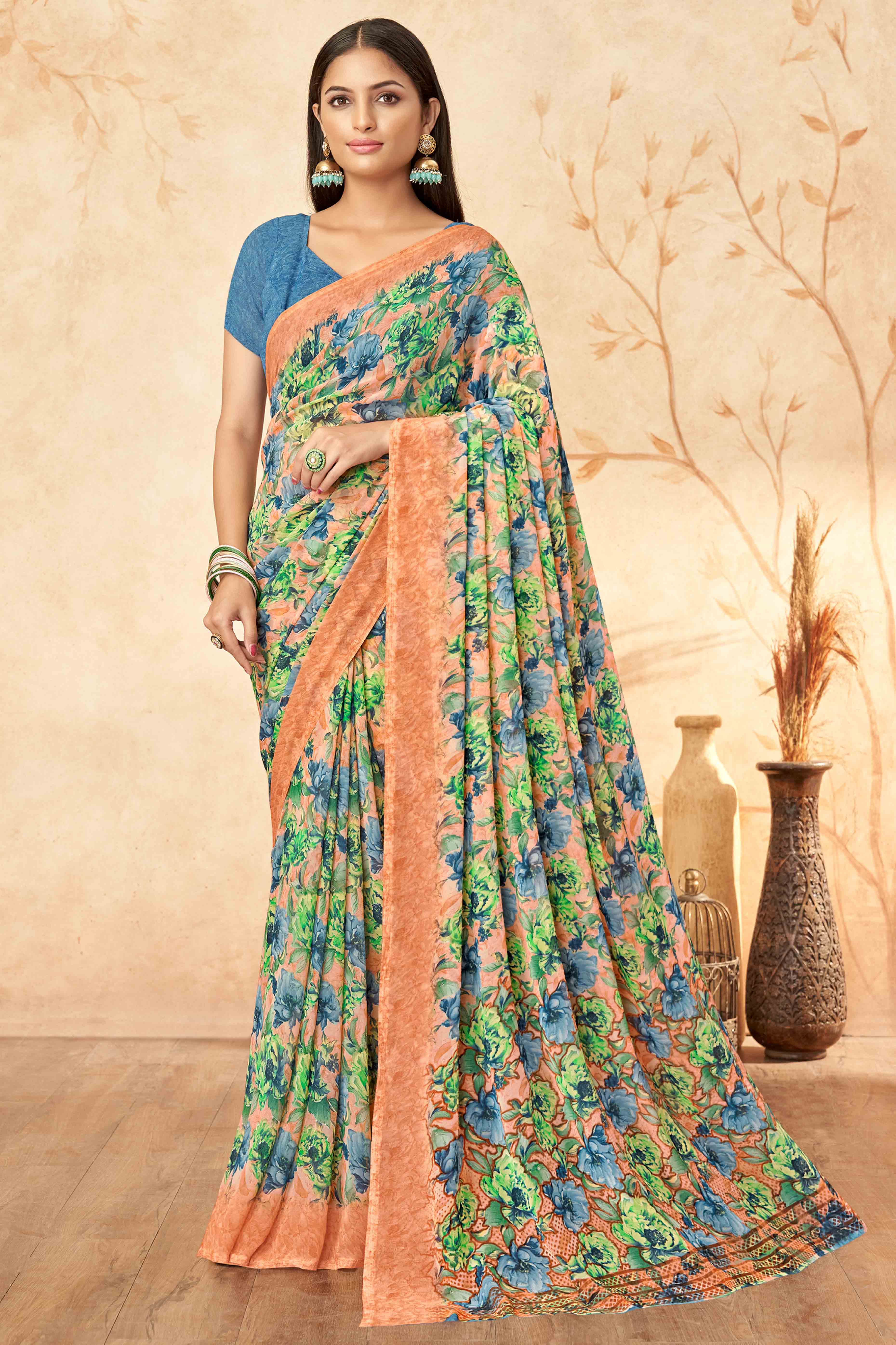 Peach Floral Printed Georgette Saree