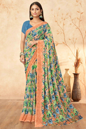 Peach Floral Printed Georgette Saree
