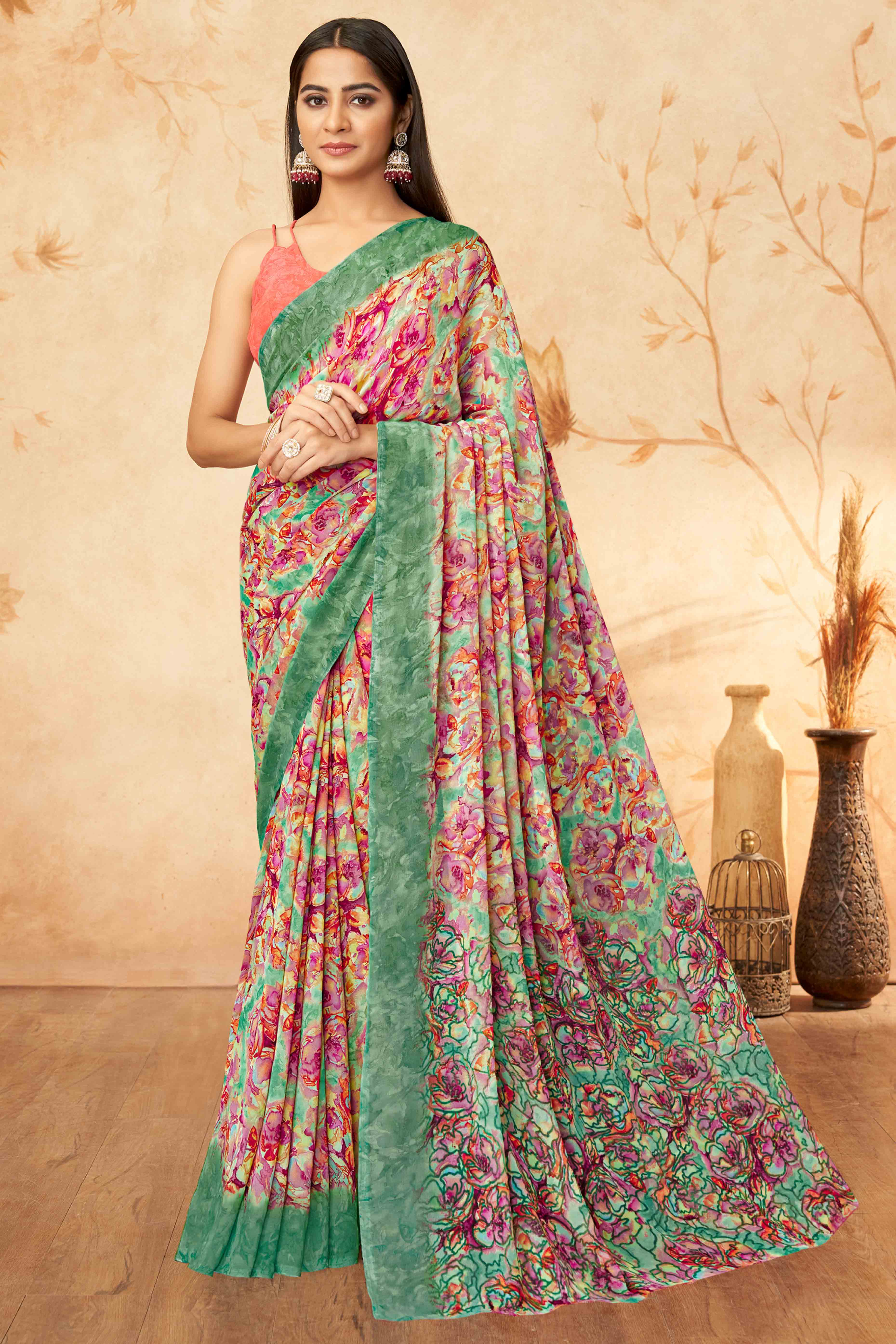 Green Floral Printed Georgette Saree