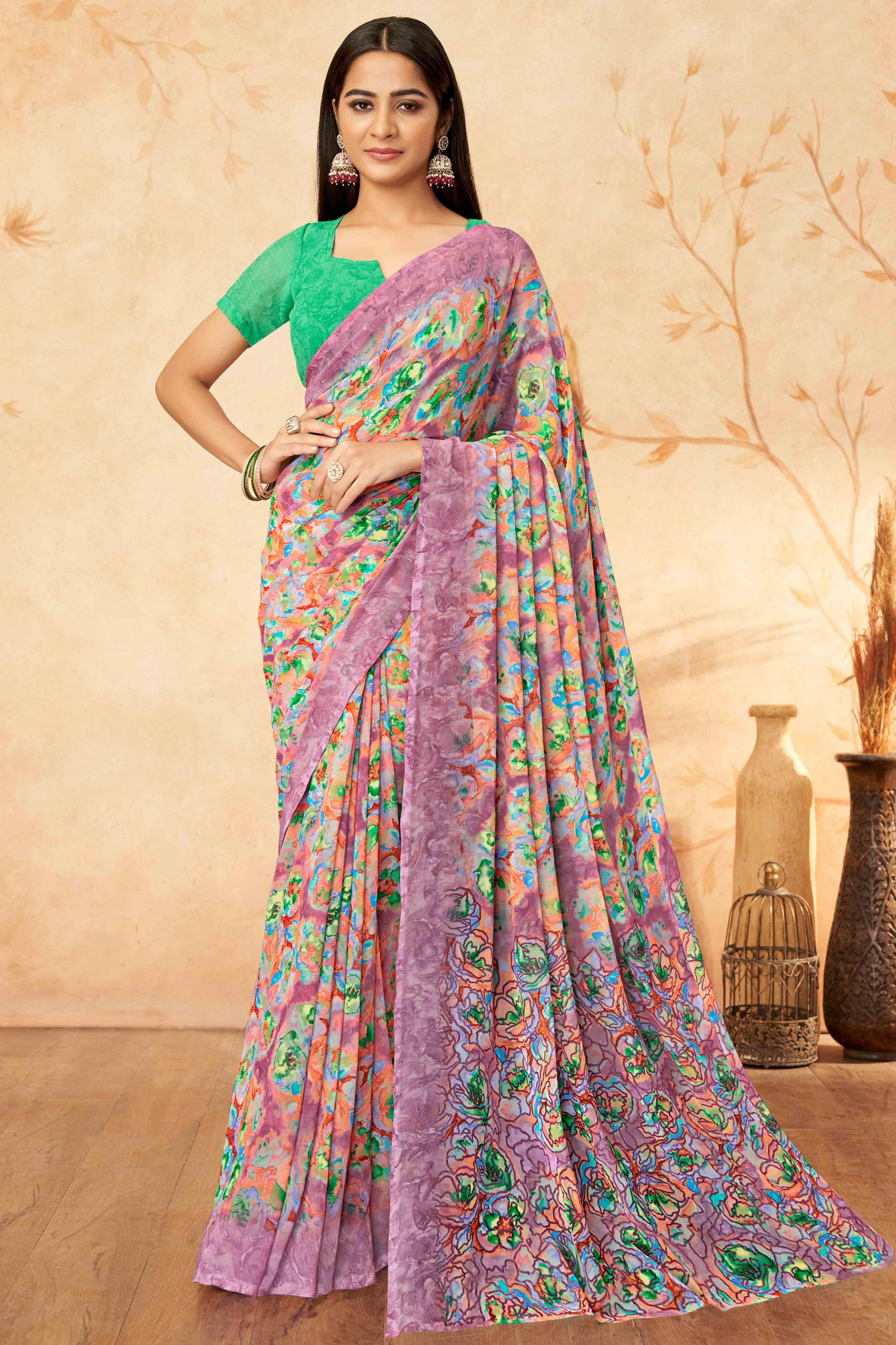 Purple Floral Printed Georgette Saree