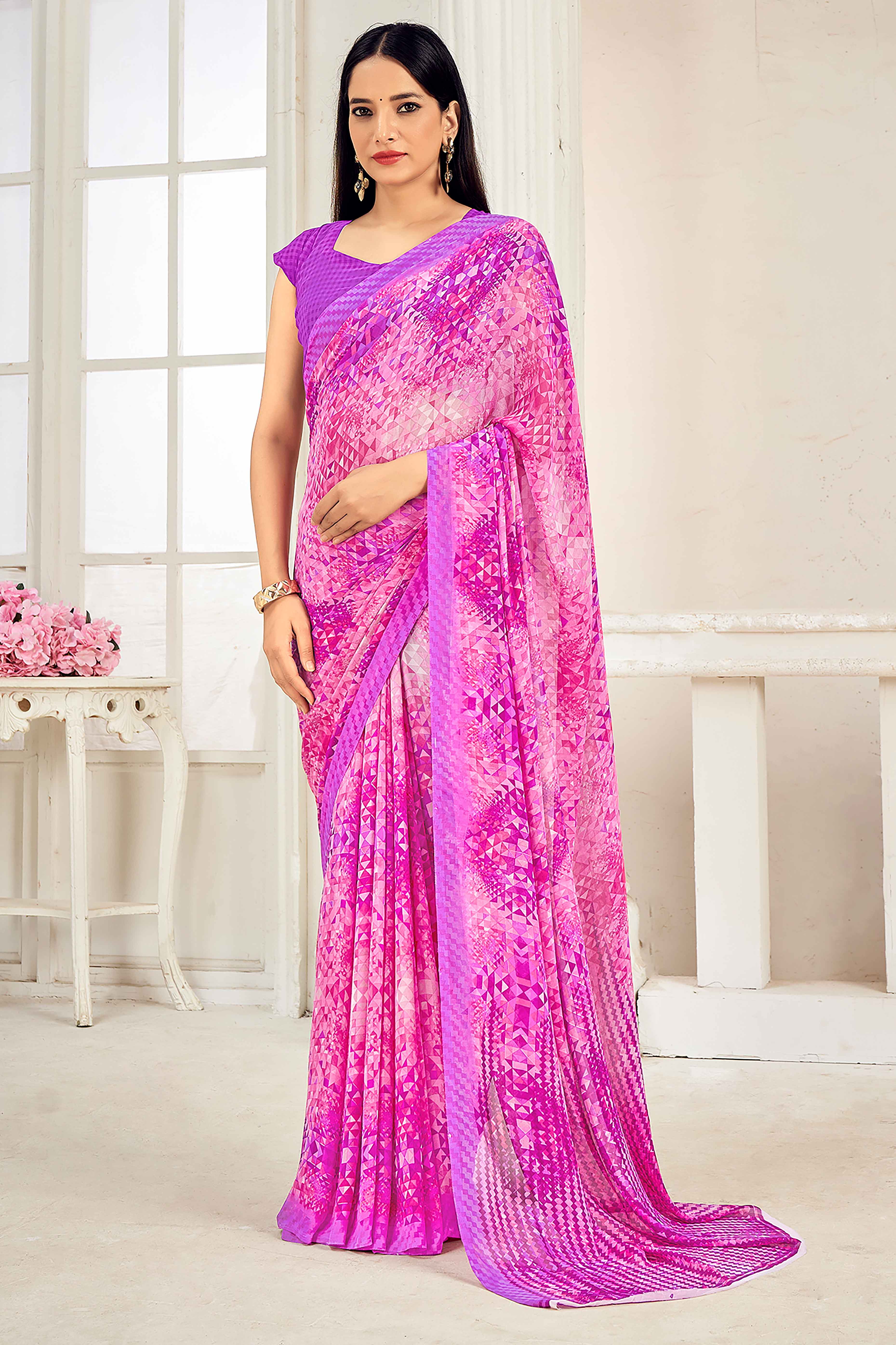 Pink Georgette Saree Adorned With Contemporary Geometric Print