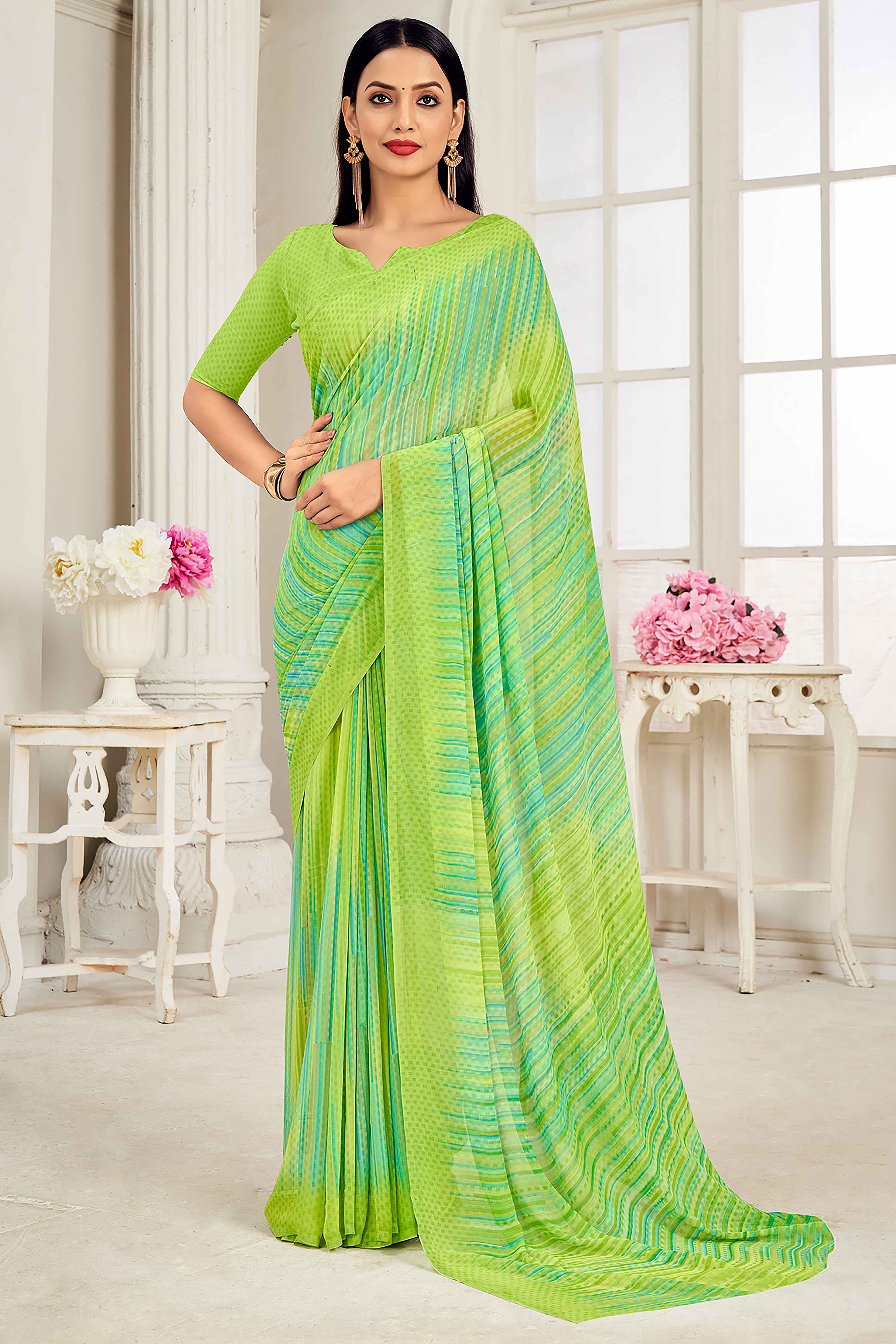 Green Georgette Saree With Stylish Striped Print