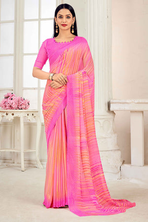 Pink Georgette Saree With Elegant Striped Print.