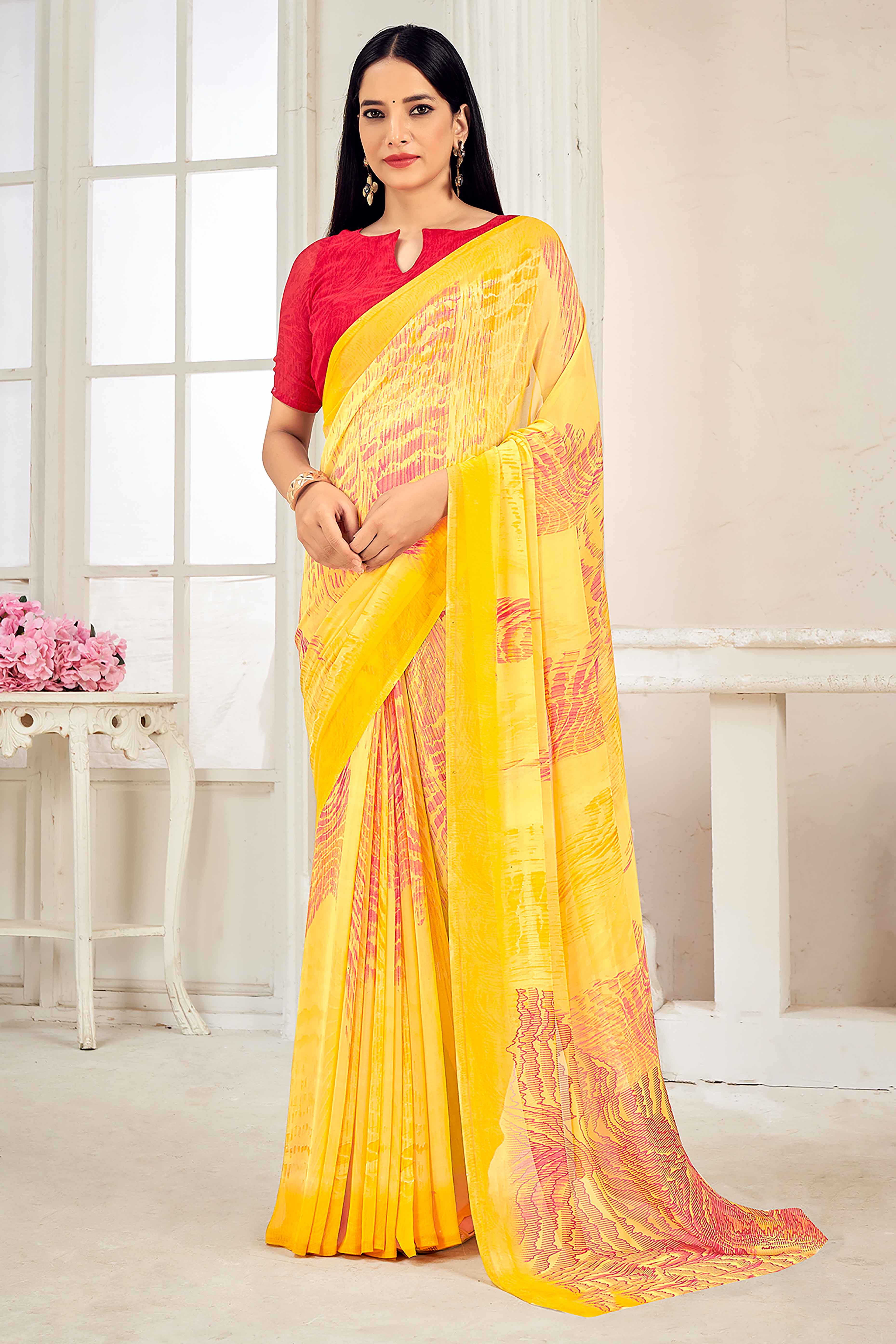 Yellow Georgette Saree With Artistic Abstract Print