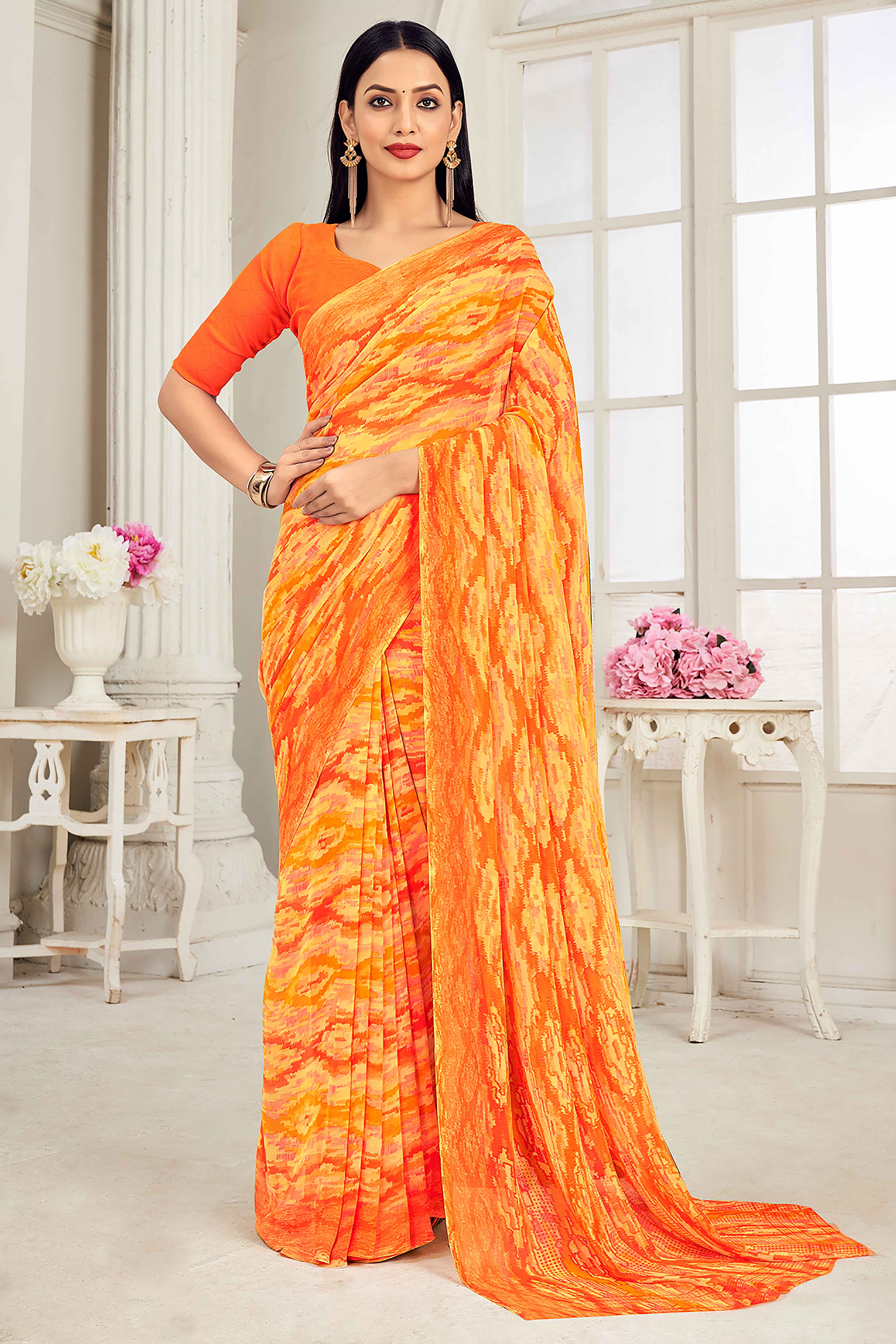 Orange Georgette Saree With Artistic Abstract Print