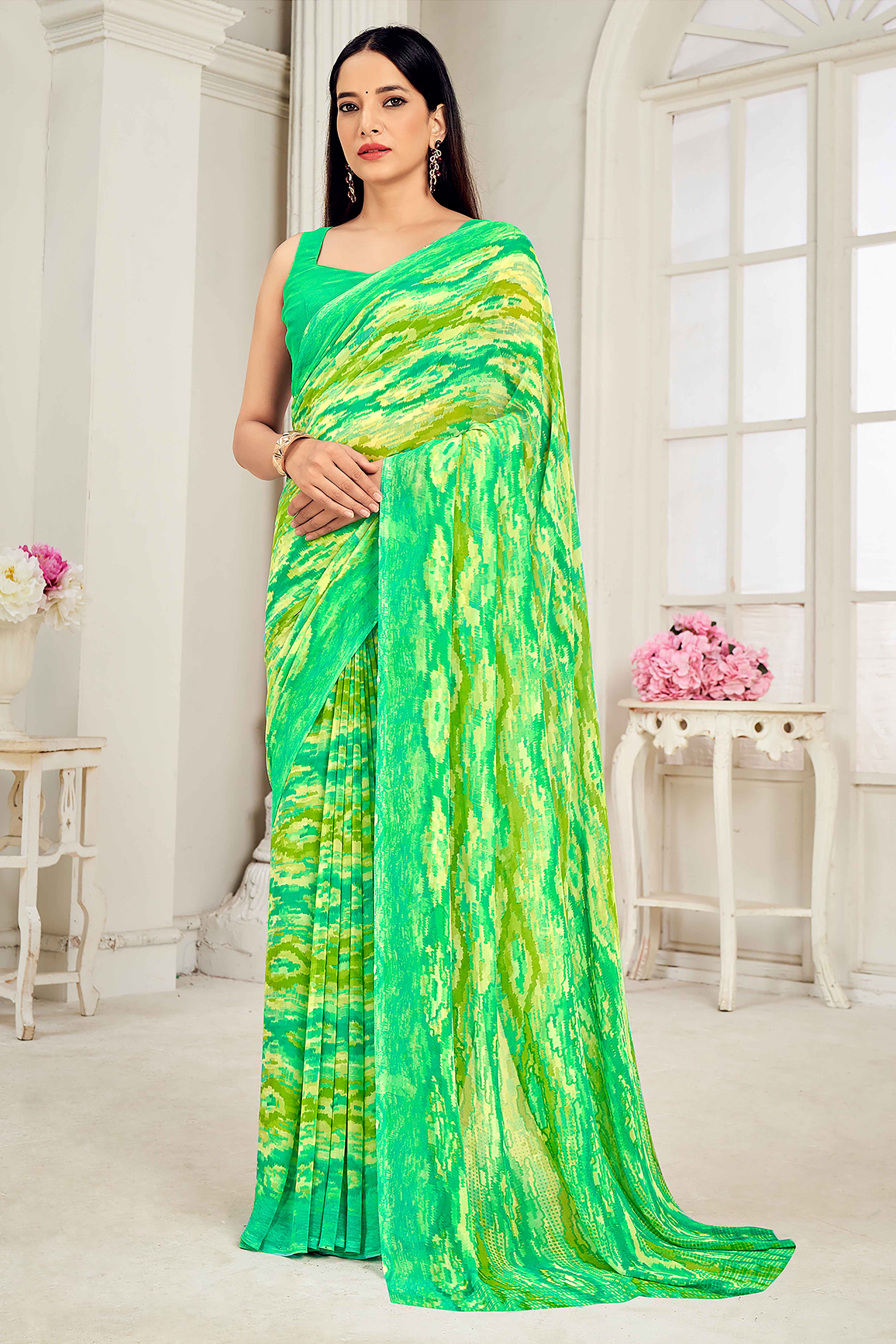 Green Georgette Saree With Artistic Abstract Print
