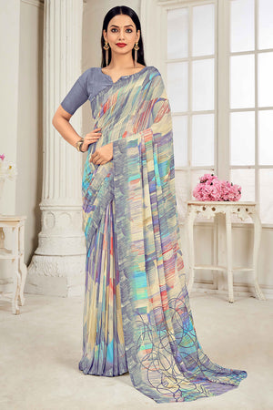 Grey Georgette Saree Adorned With Contemporary Geometric Print
