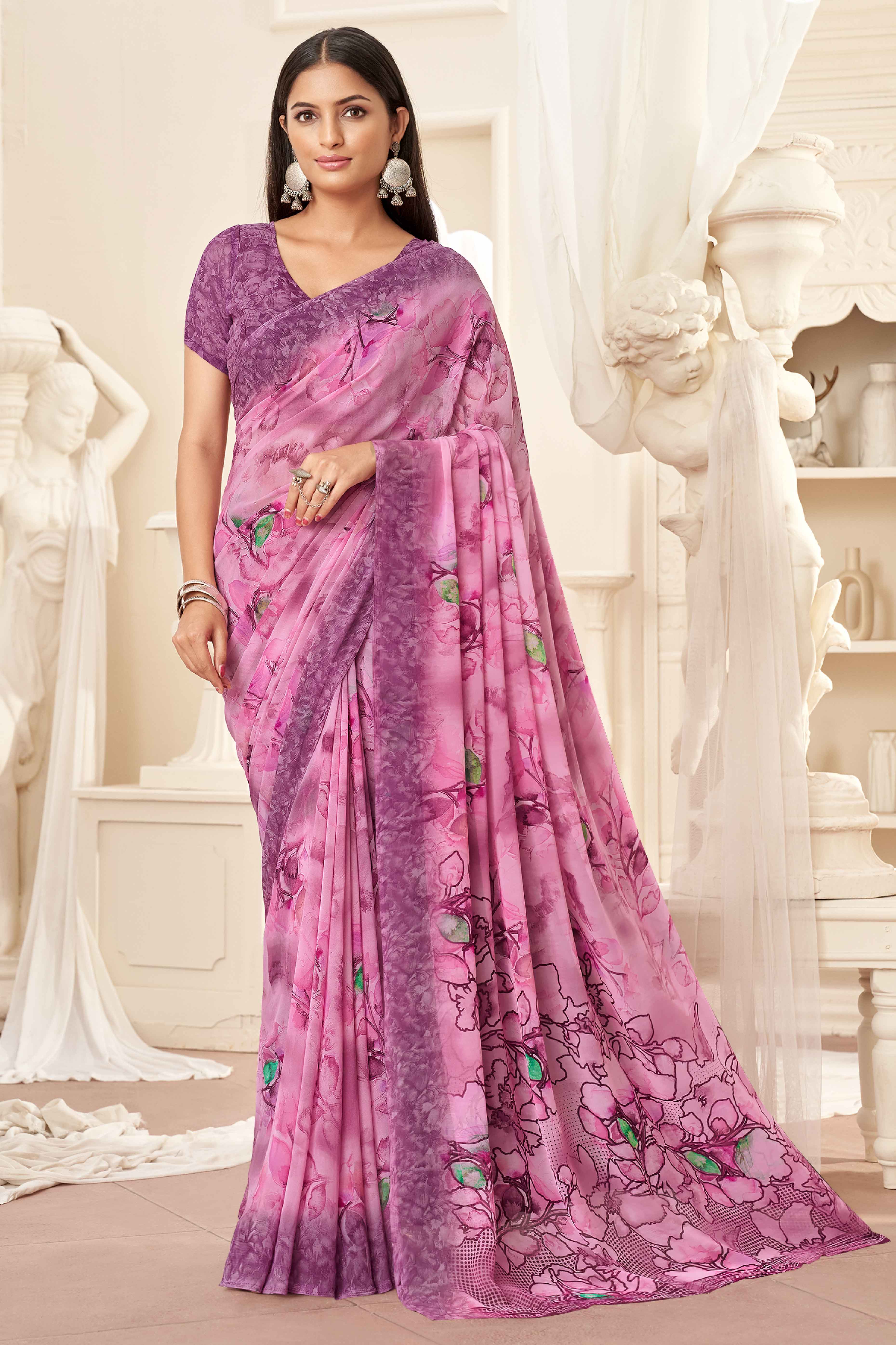 Pink Georgette Saree With Delicate Floral Print