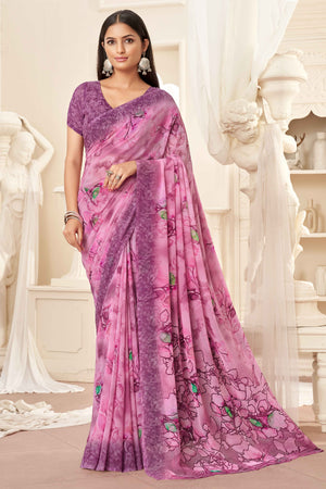 Pink Georgette Saree With Delicate Floral Print
