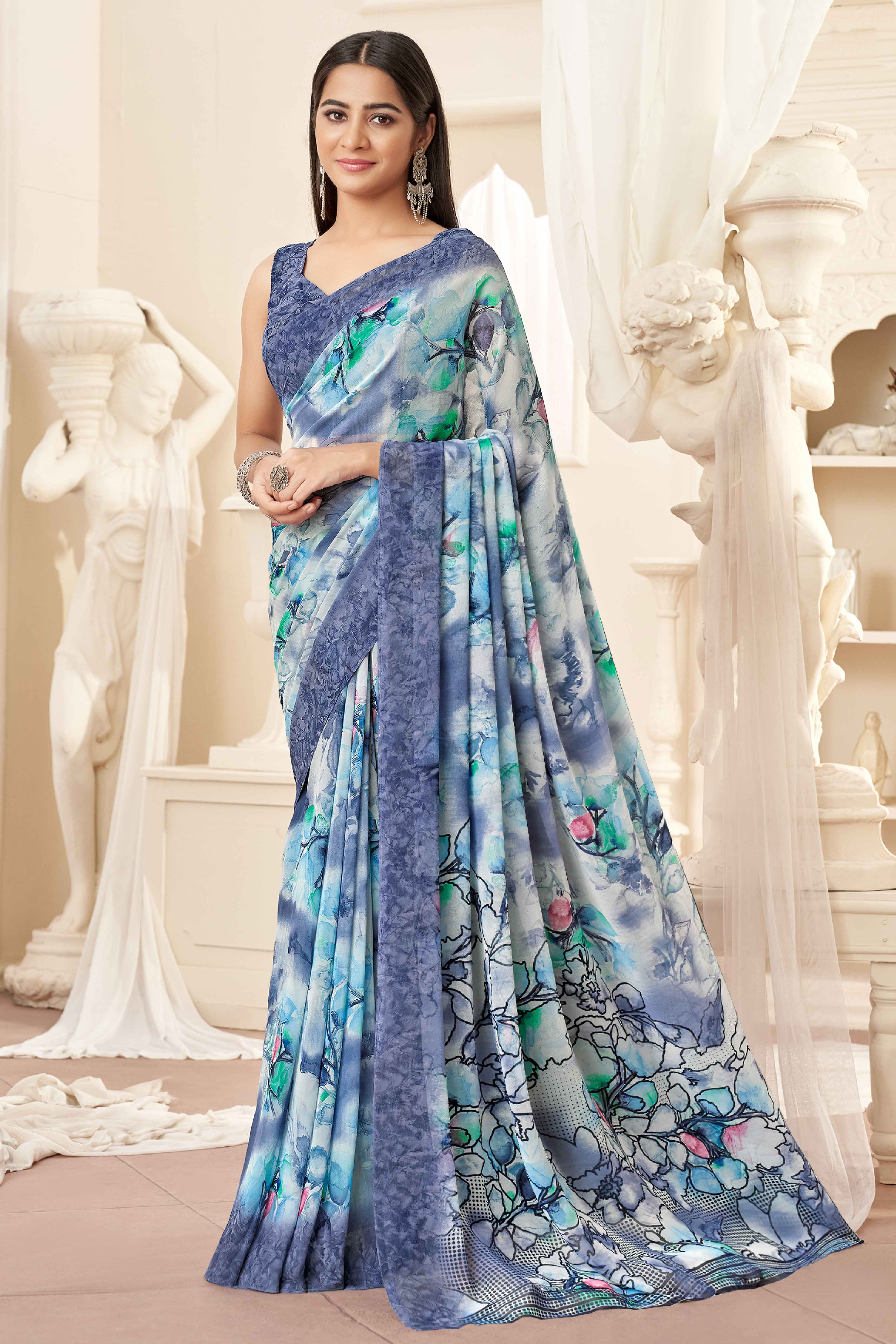 Greyish Blue Georgette Saree With Delicate Floral Print