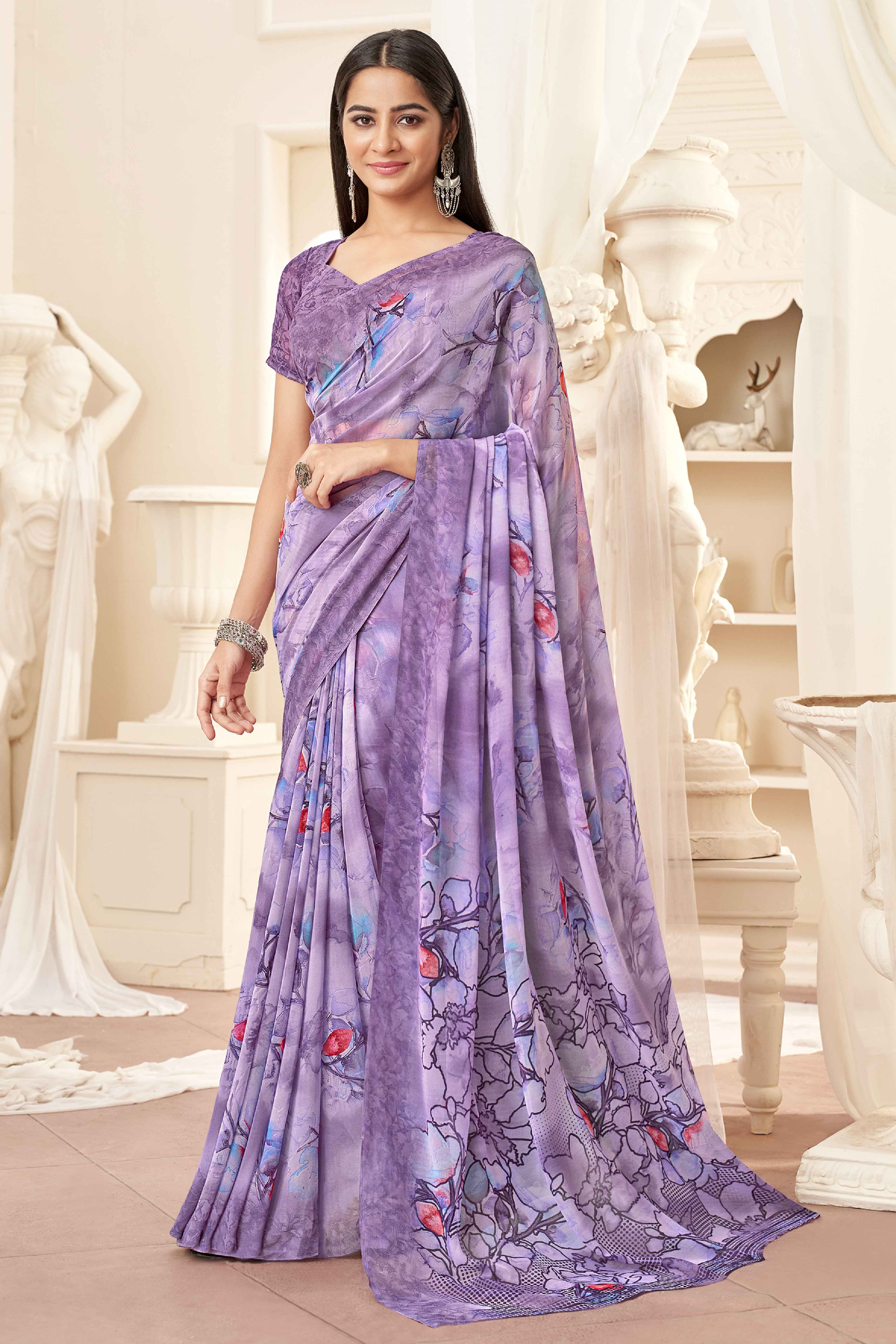 Lavender Georgette Saree With Delicate Floral Print