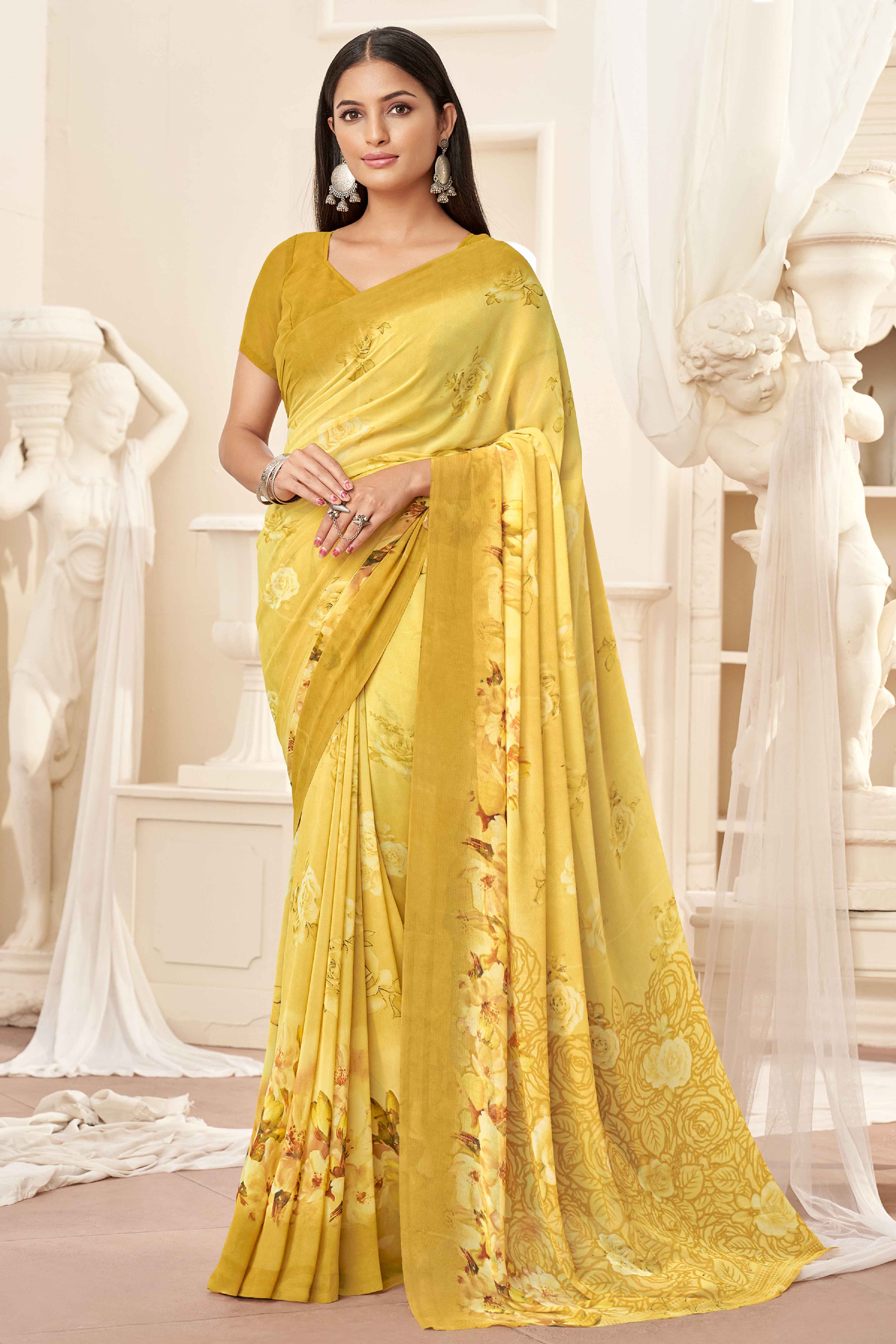 Yellow Georgette Saree With Delicate Floral Print