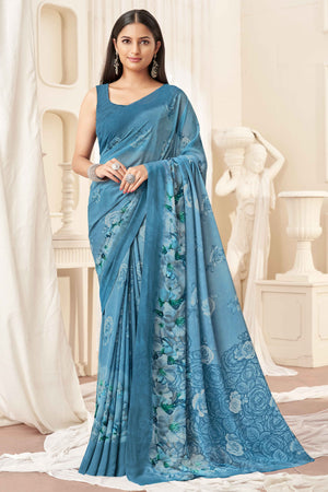 Blue Georgette Saree With Delicate Floral Print