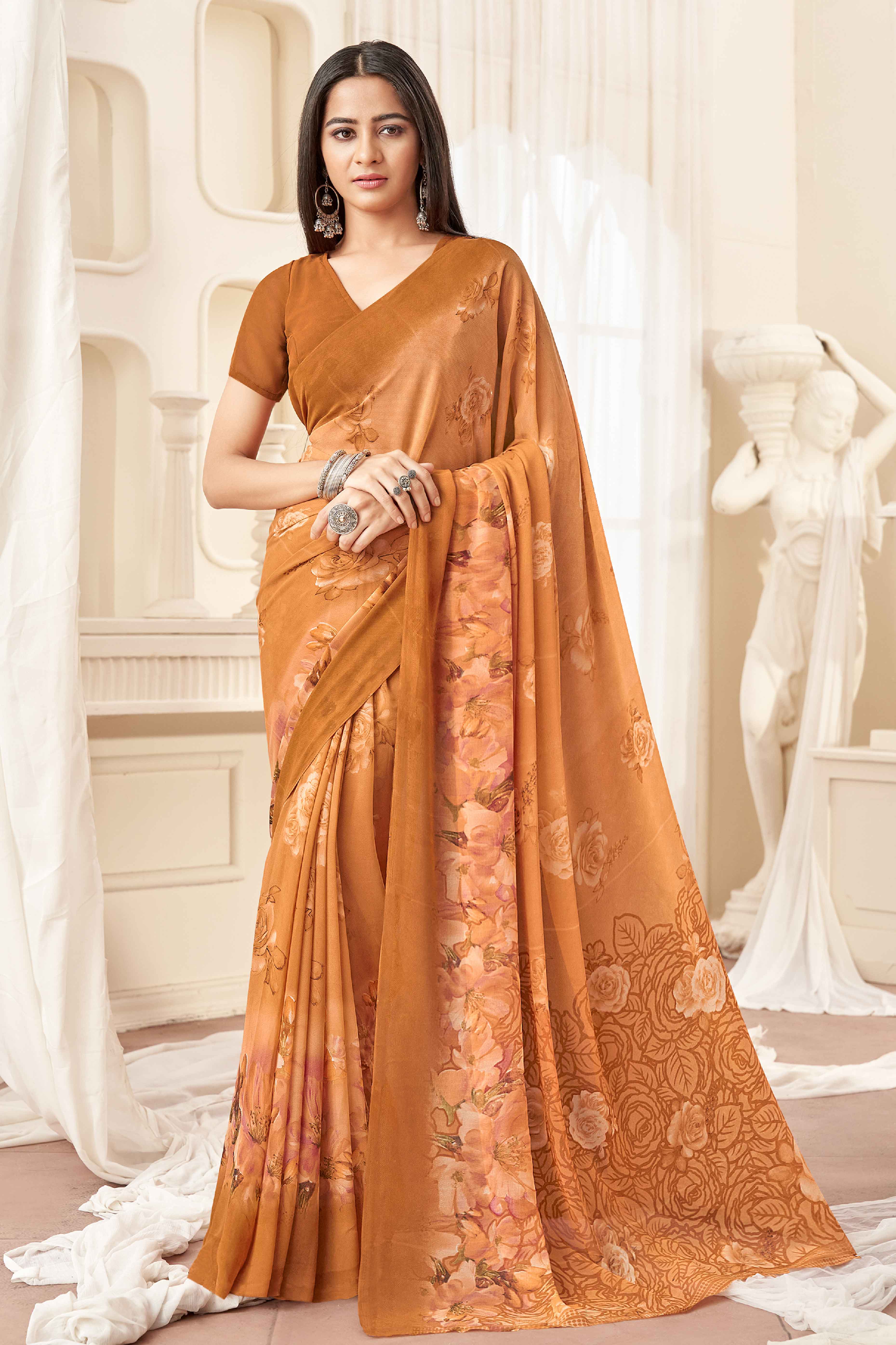 Light Brown Georgette Saree With Delicate Floral Print