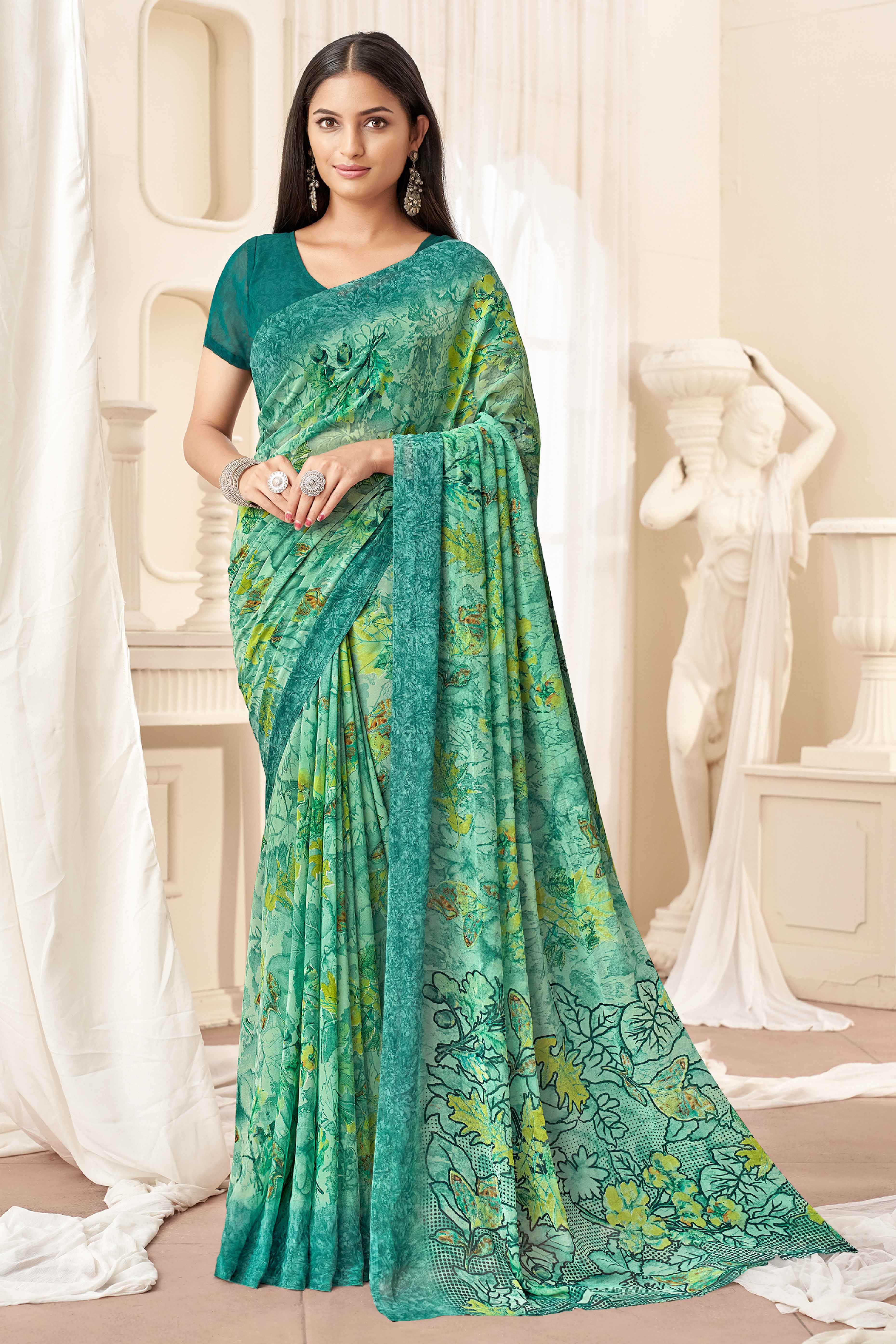 Green Georgette Saree With Delicate Floral Print