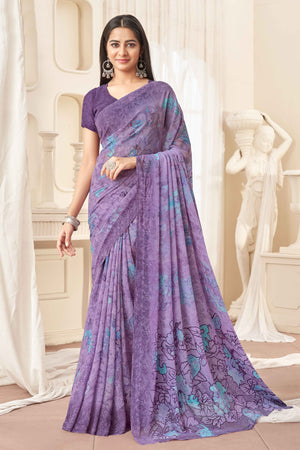 Purple Georgette Saree With Delicate Floral Print
