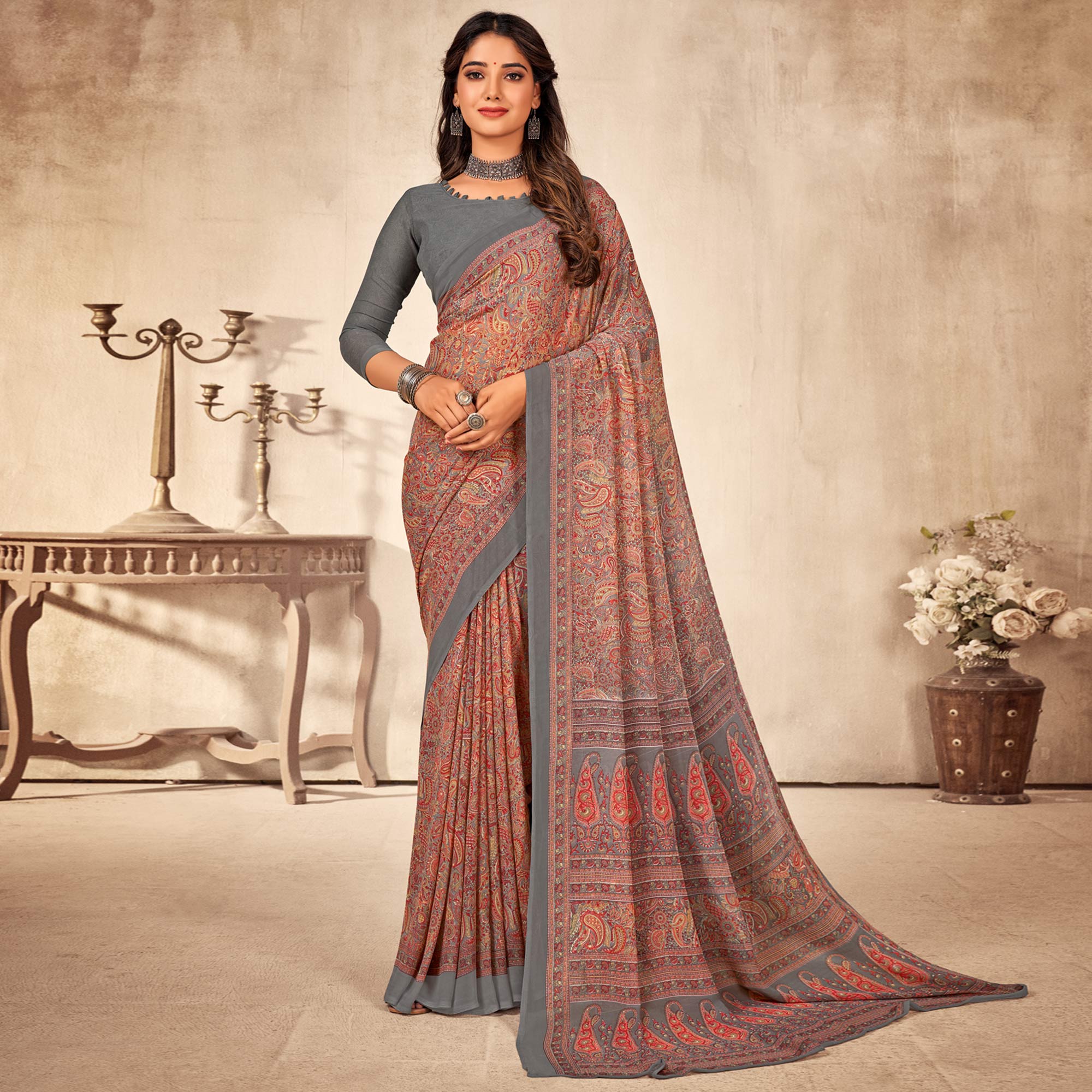 Grey Floral Printed Georgette Saree