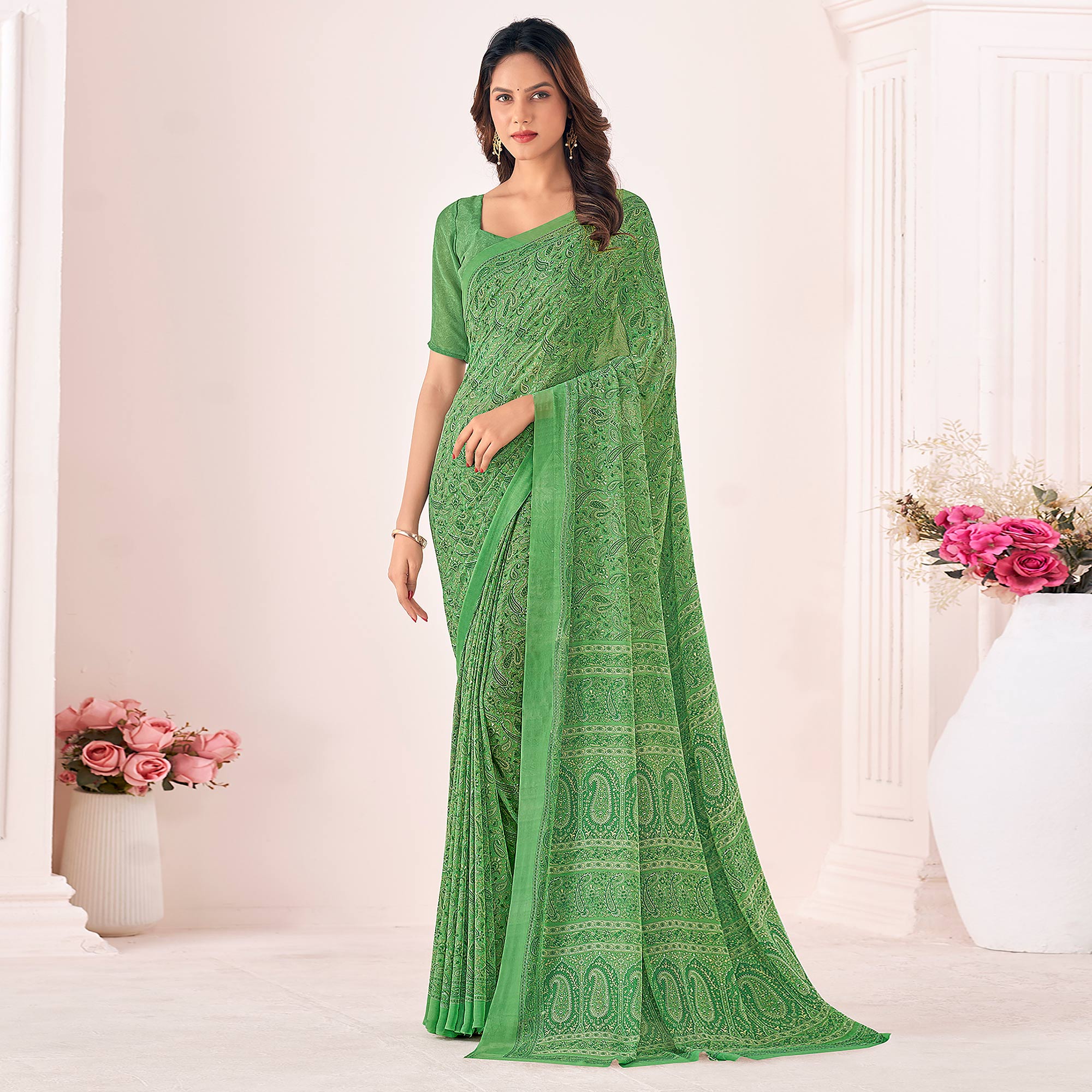 Green Printed Georgette Saree